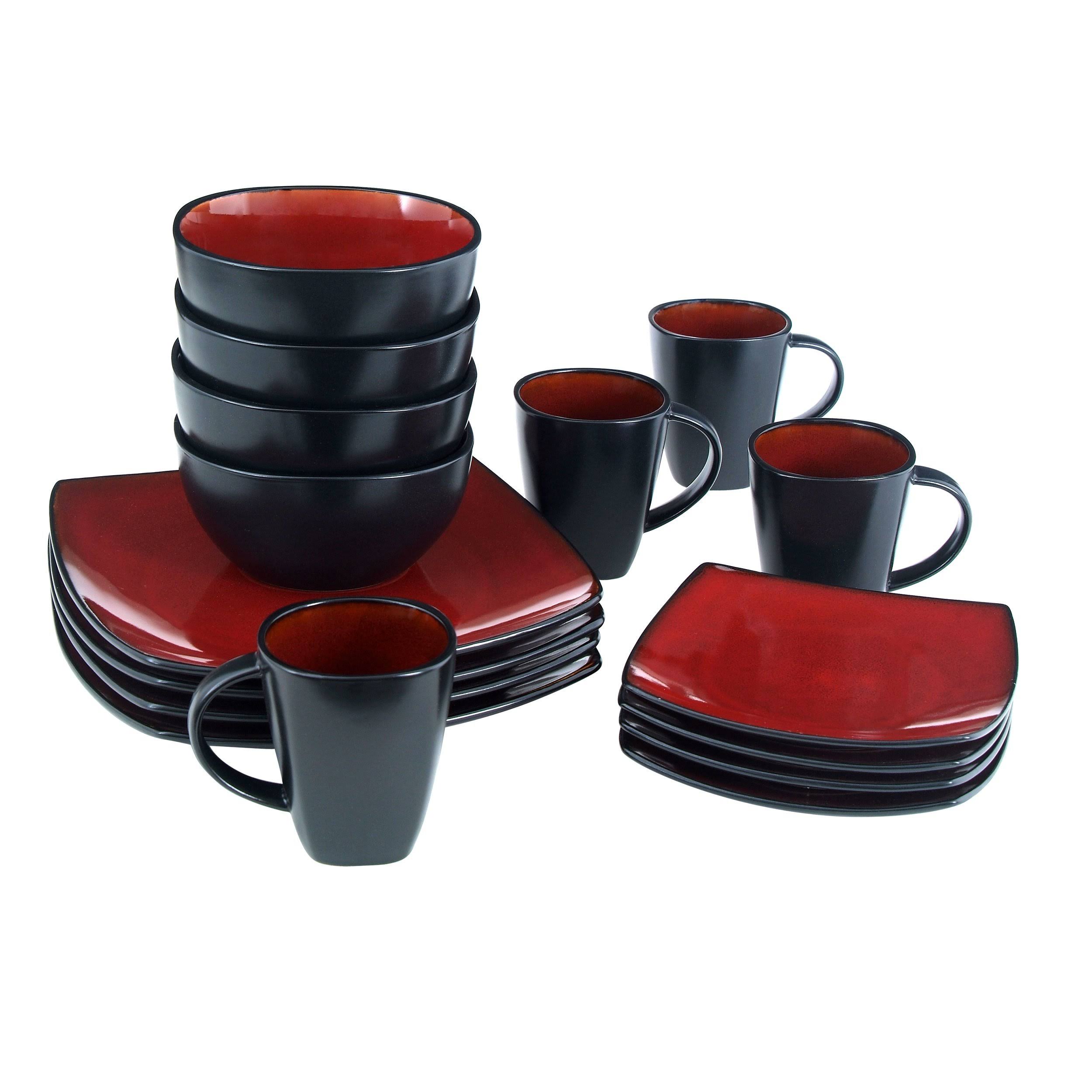 Gibson Elite Soho Lounge 16-Piece Square Reactive Glaze Dinnerware Set, Red