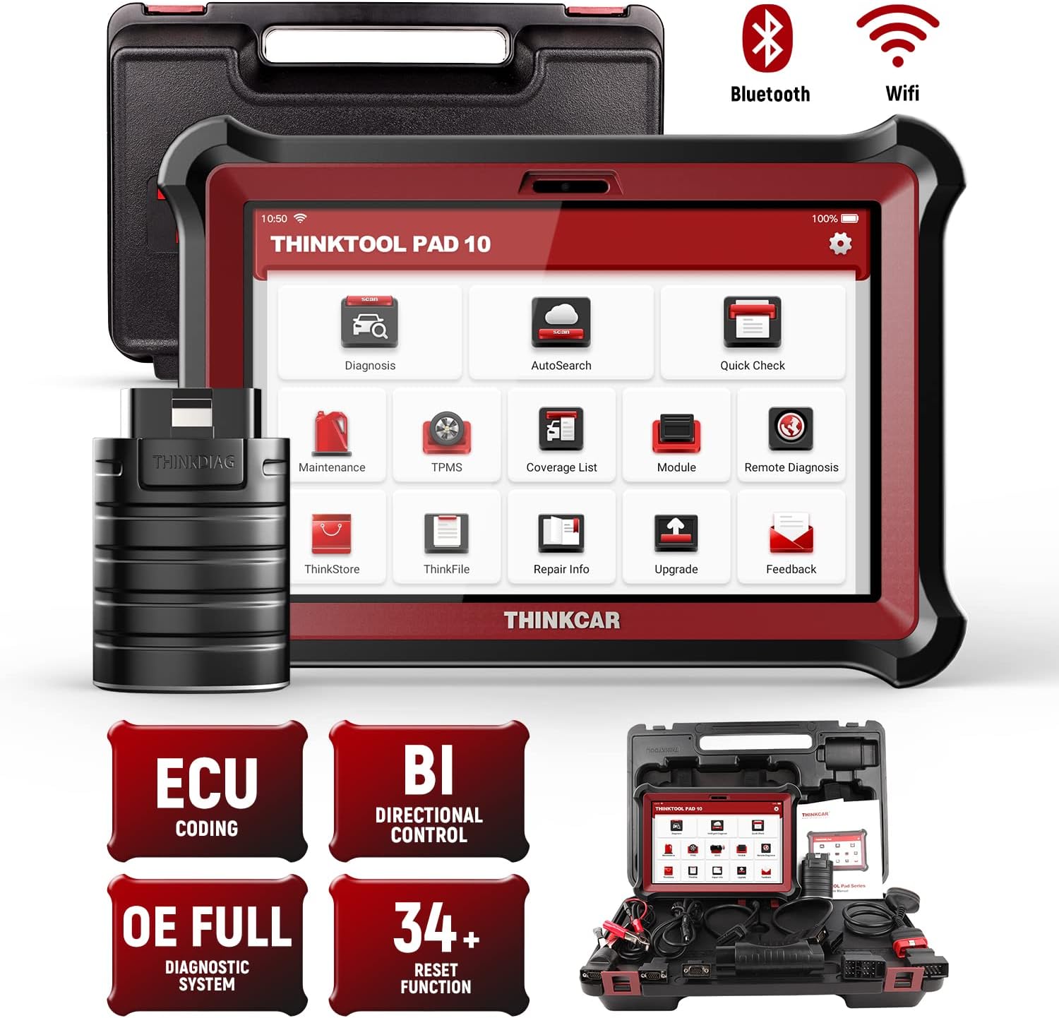 Thinktool PAD10 Automotive Diagnostic Scanner Tool, Full System 2022 OBD2 Bi-Directional Scan Tool 34 Reset Services, ECU Coding, Car Diagnostic Scanner Key Program Active Test