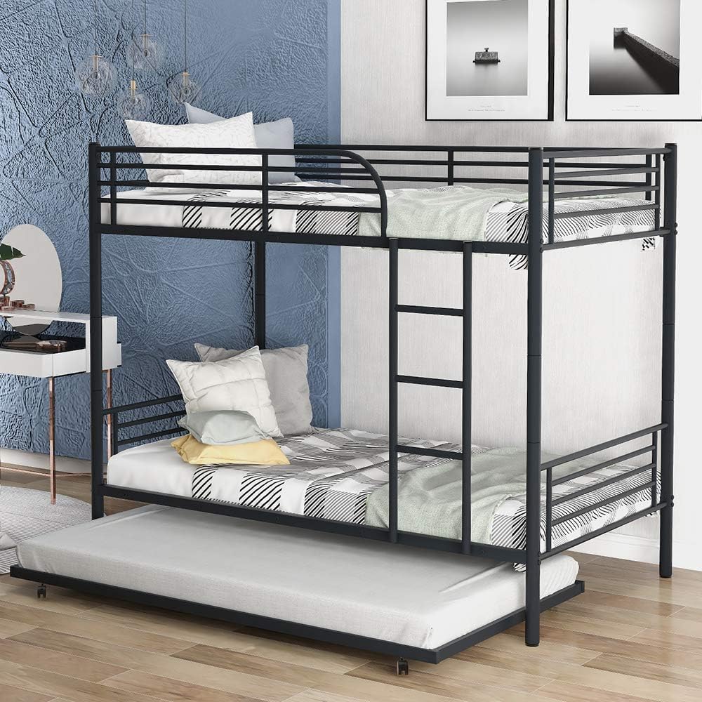 Twin Over Twin Metal Bunk Bed, Rockjame Heavy Duty Bed Frame with Removable Ladder and Safety Rail, Convertible to 2 Separated Twin Beds (Black)