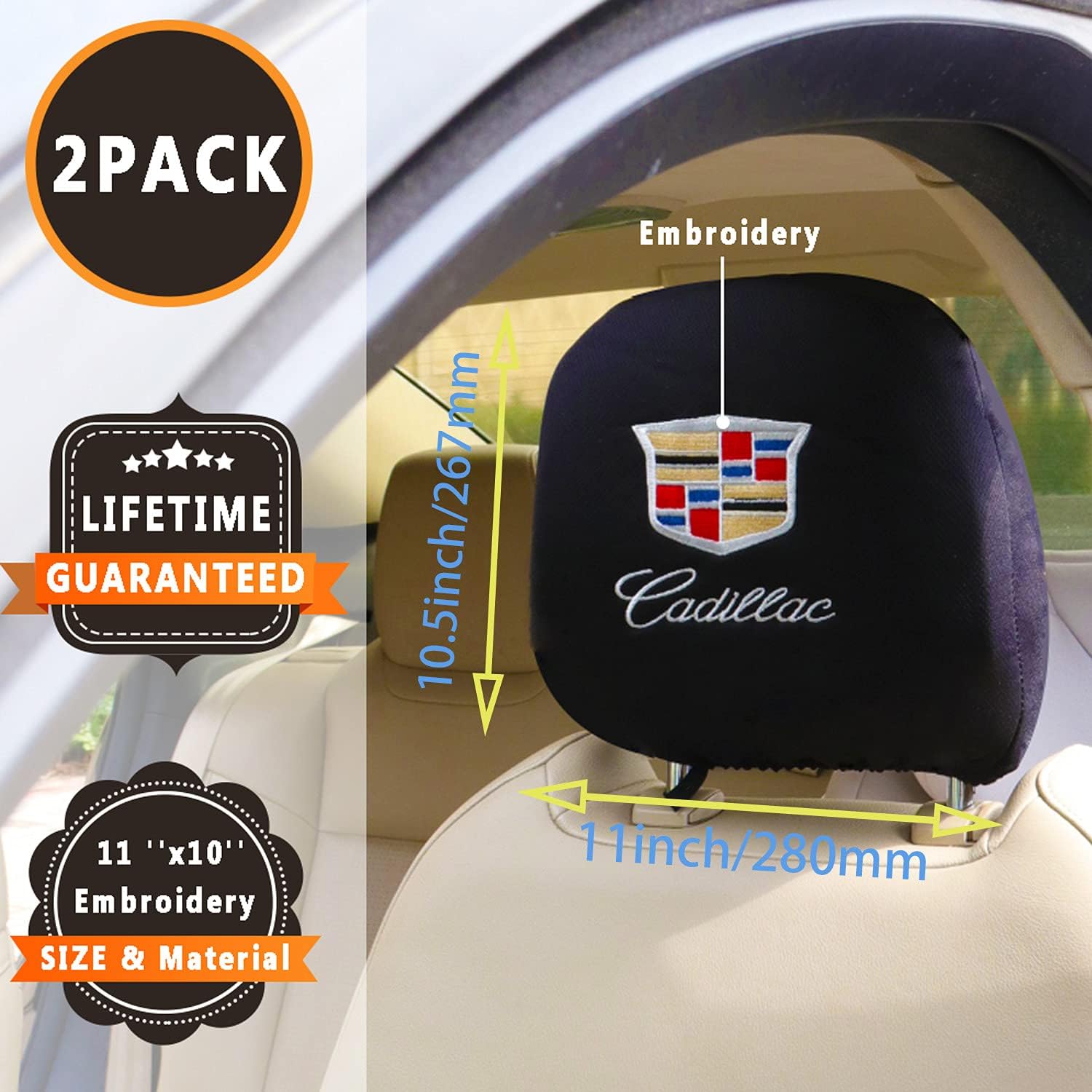 Lan yu 2Pcs Universal Cadillac Embroidered Headrest Cover ,Black Soft Elastic Auto Headrest Covers Fit for Cadillac Vehicles Interior Accessories