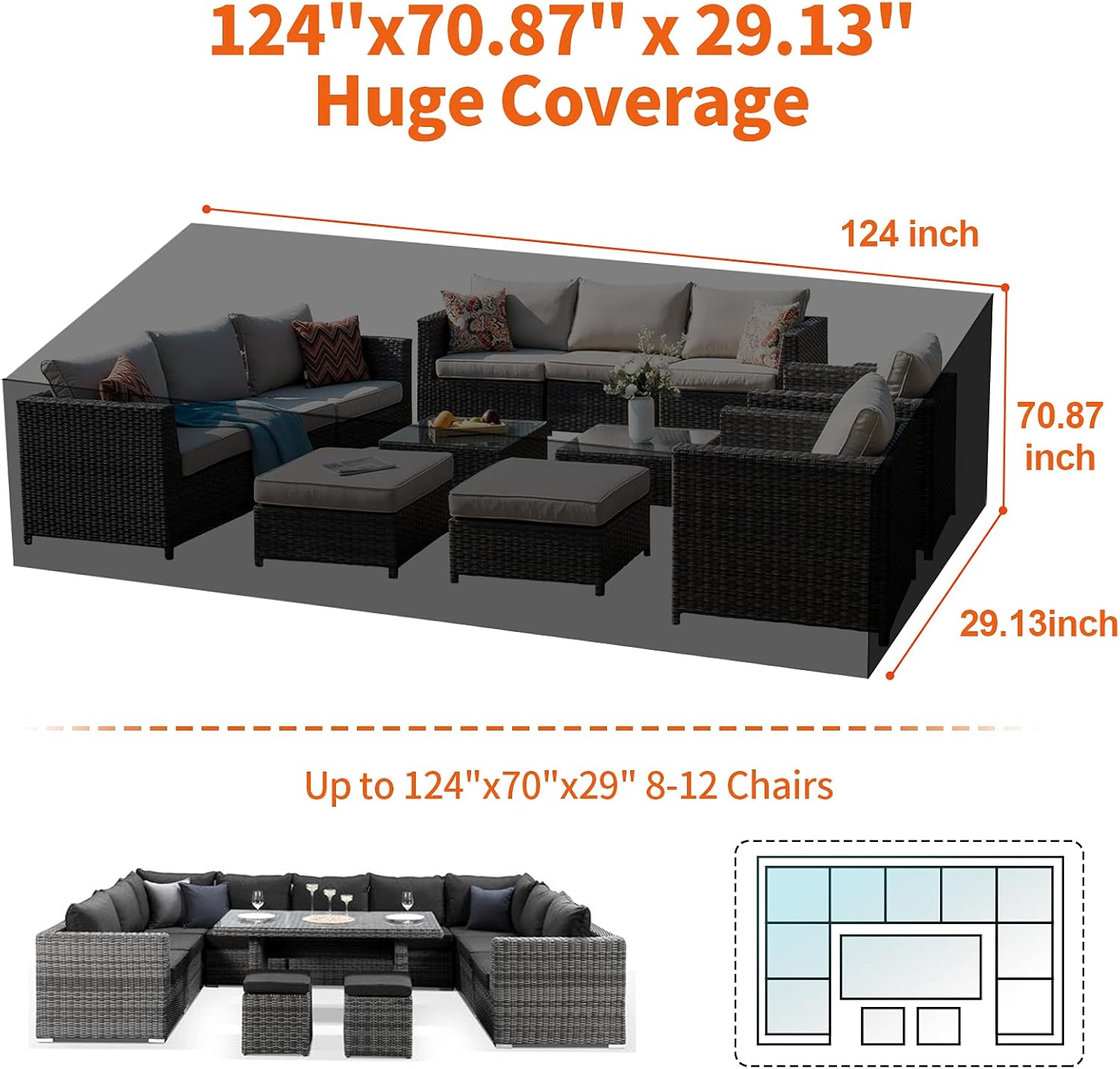 KDY Outdoor Patio Furniture Covers Waterproof Extra Large Patio Set Table Covers Rectangular with 4 Windproof Buckles No Tears Anti UV No Fading (600D Oxford Fabric,124inX70inX29in),Black