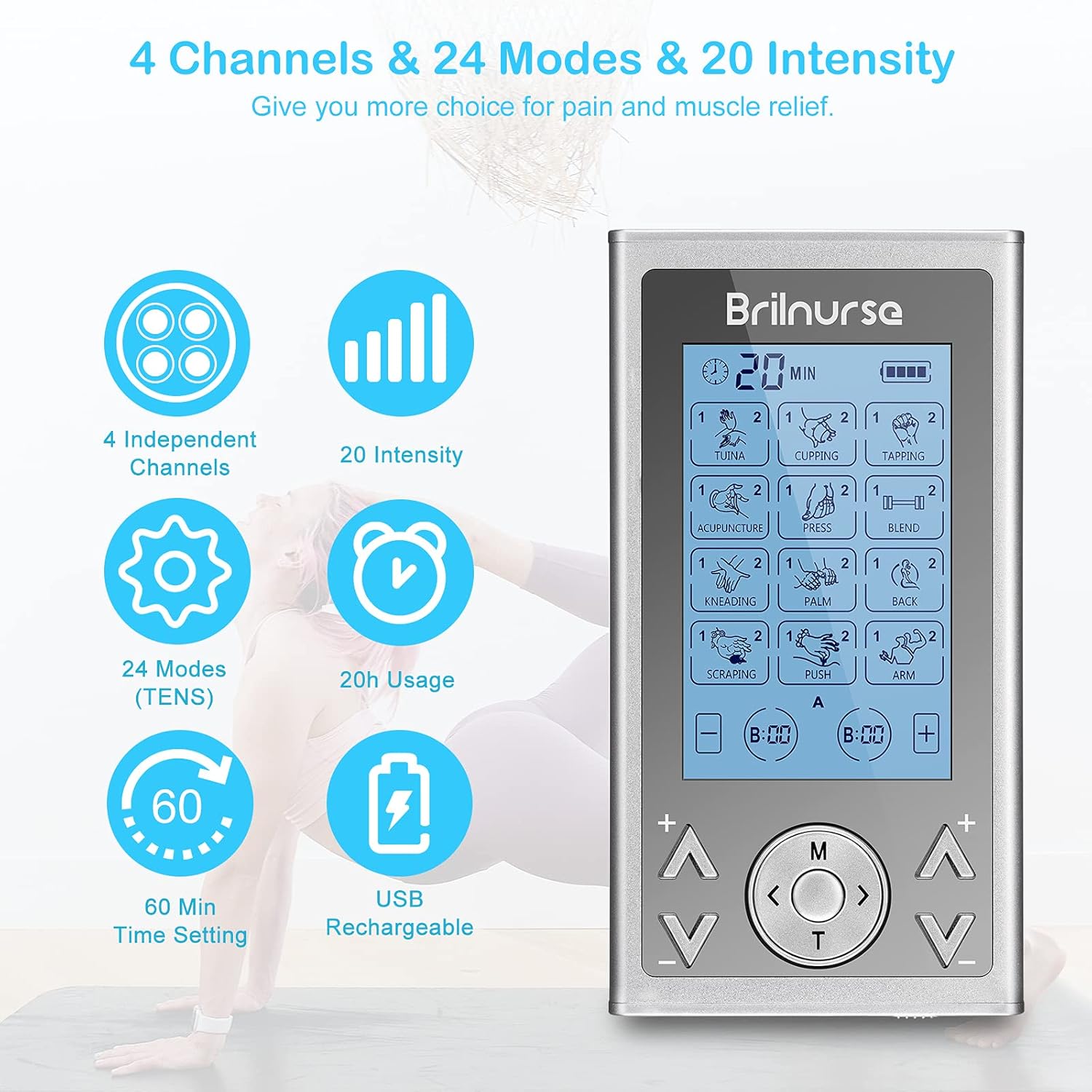 Brilnurse 4 Outputs TENS Unit Muscle Stimulator Machine with 16 Electrode Pads, Electric Pulse Massager Rechargeable TENS Machine 24 Modes 20 Level Intensity for Pain Relief Therapy