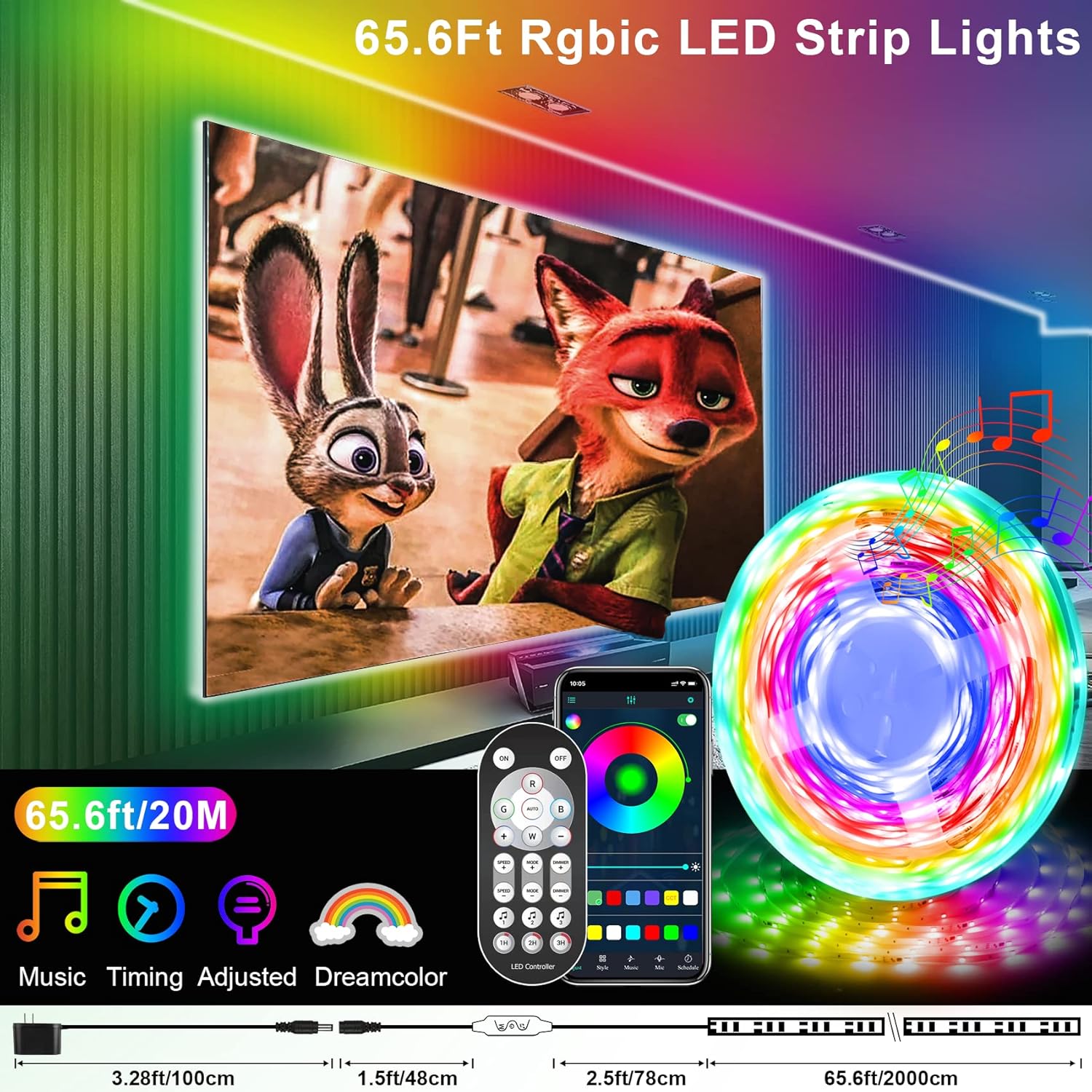 LED Strip Lights Rgbic, 1 Roll 65.6Ft Dream Color LED Lights for Bedroom, App Control Color Chasing Strip Lights with Remote & 24V Adapter,5050 Music Sync LED Light Strip for Room Home Bar Party Decor Pack of 2
