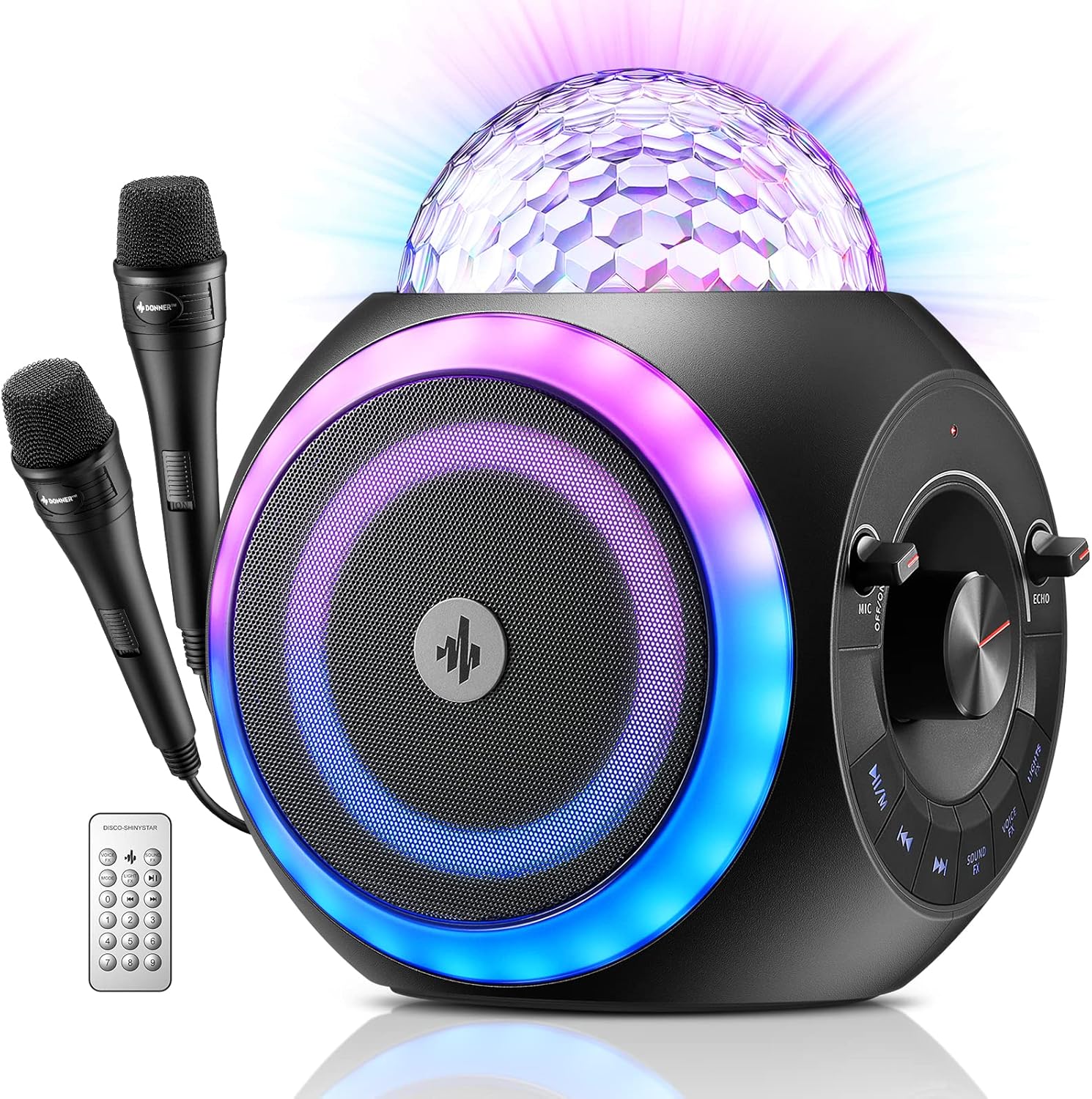 Donner Portable Karaoke Machine for Adults/Kids, Bluetooth PA Speaker System with Disco Ball, 2 Microphones, 6 Voice Changer Effects, 6 Light Effects, Remote Control, Autotune - Disco-Shinystar