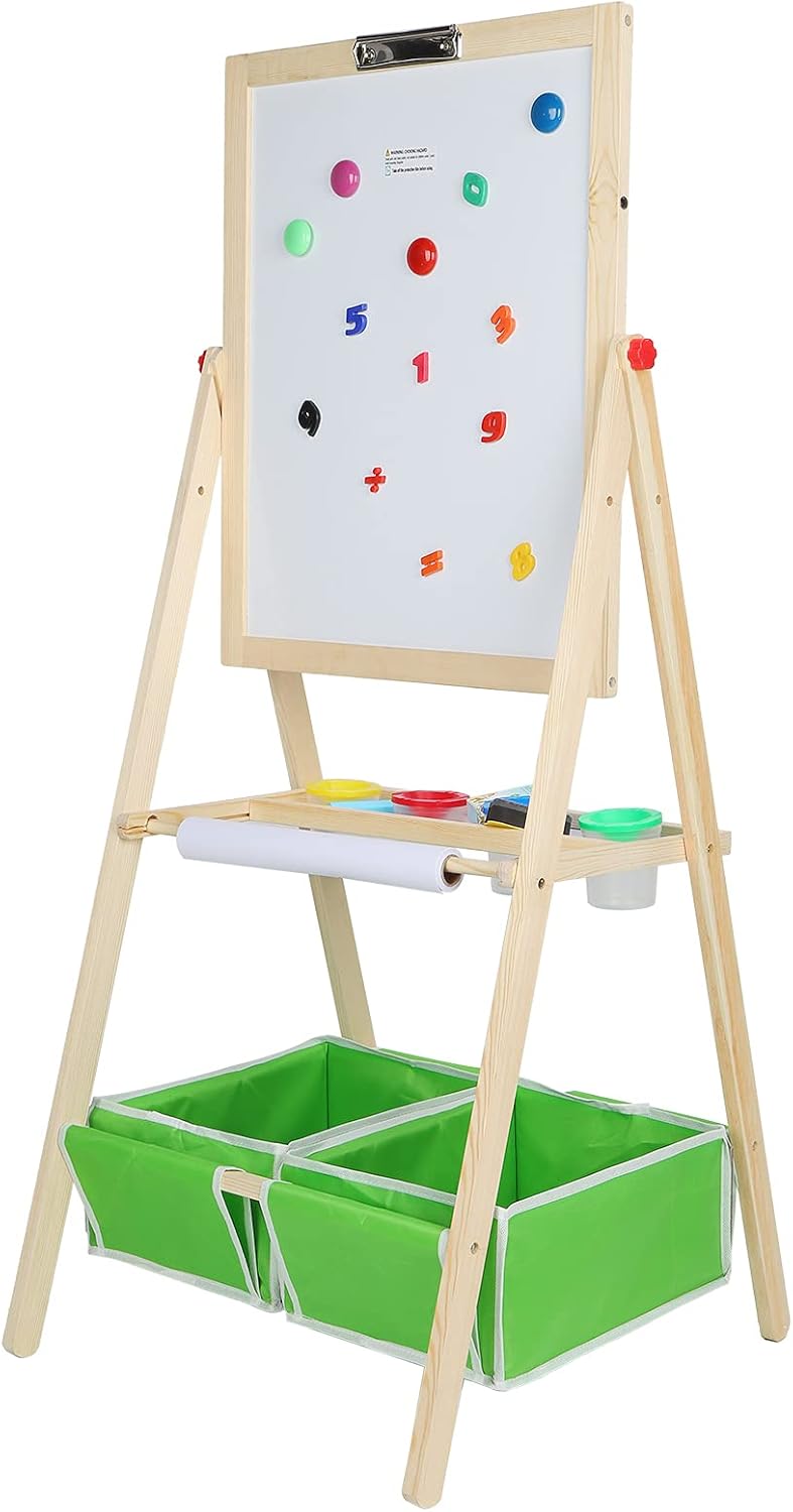 GOTOTOP Wooden Giant Magnetic Art Easel Adjustable Deluxe Standing Easel with Chalkboard Dry-Erase Board Paper Roll Paper Binder Clip and Drawing Accessories