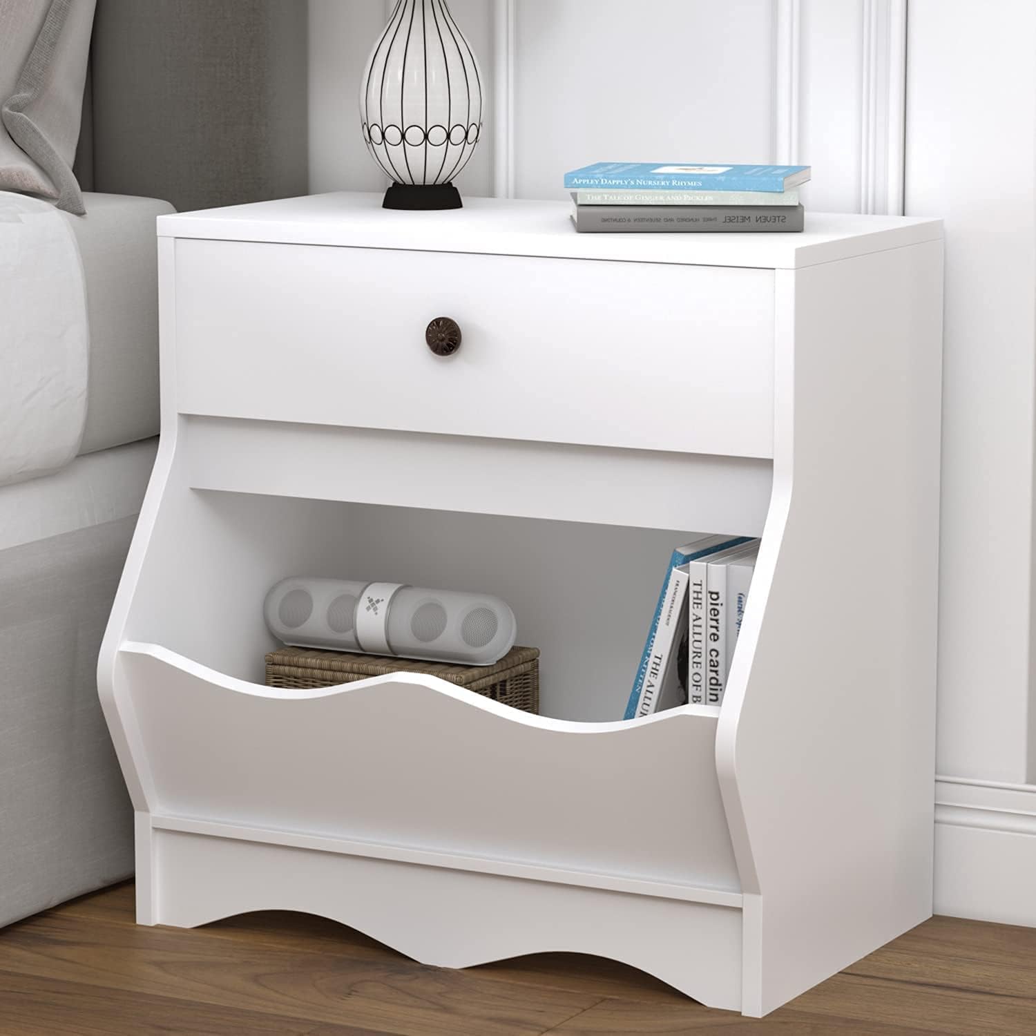 White Nightstand, Nightstand with Drawers and Storage Cubby, Wood Bedside Table with an Open Storage Organizer, Modern Side End Table, Wooden Accent Table, Night Stands for Bedroom, White, Set of 1