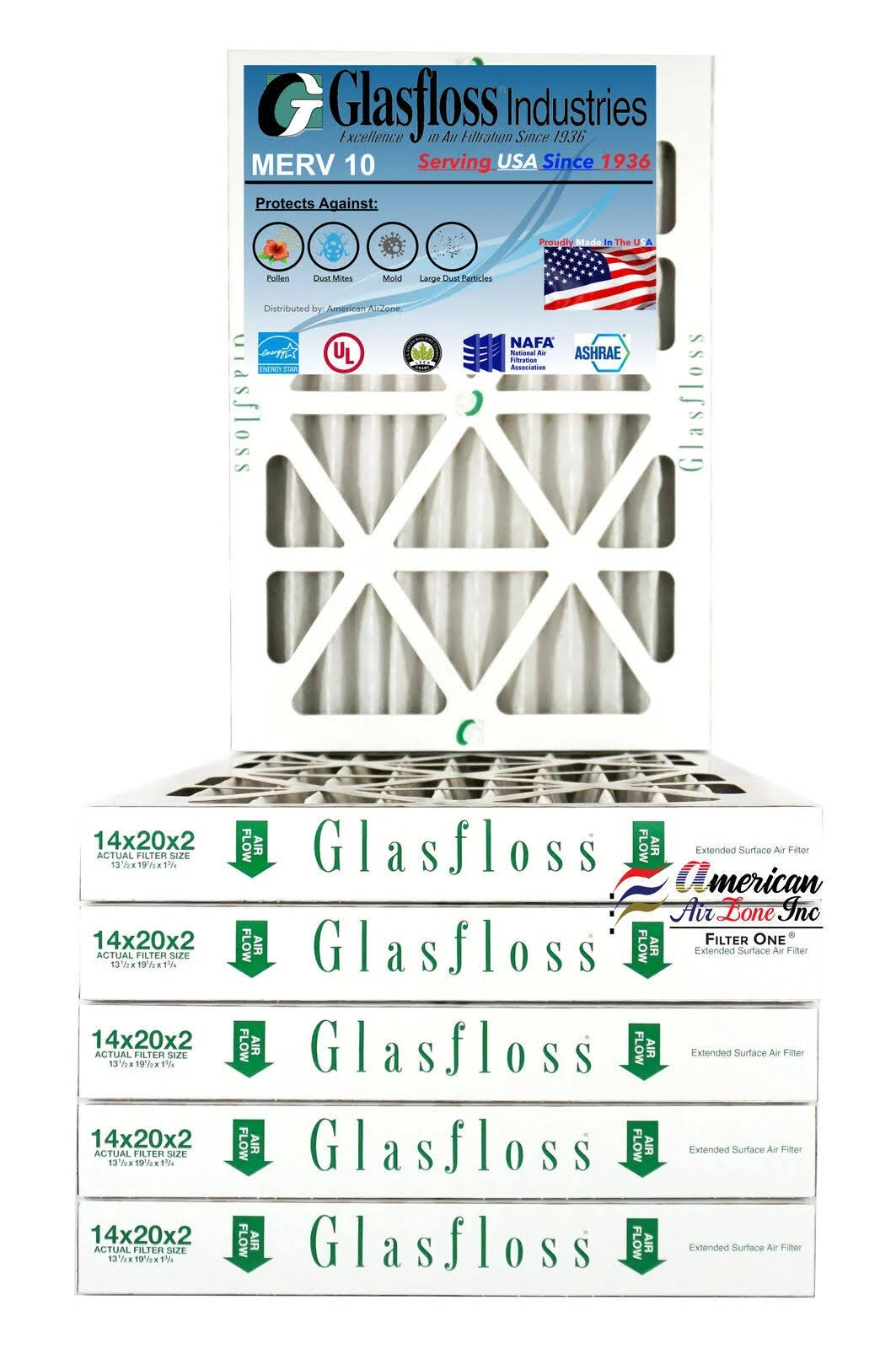 Glasfloss 12x20x2, 2x22 MERV 10 Pleated AC Air Furnace Filter(Qty: 6) Made in USA