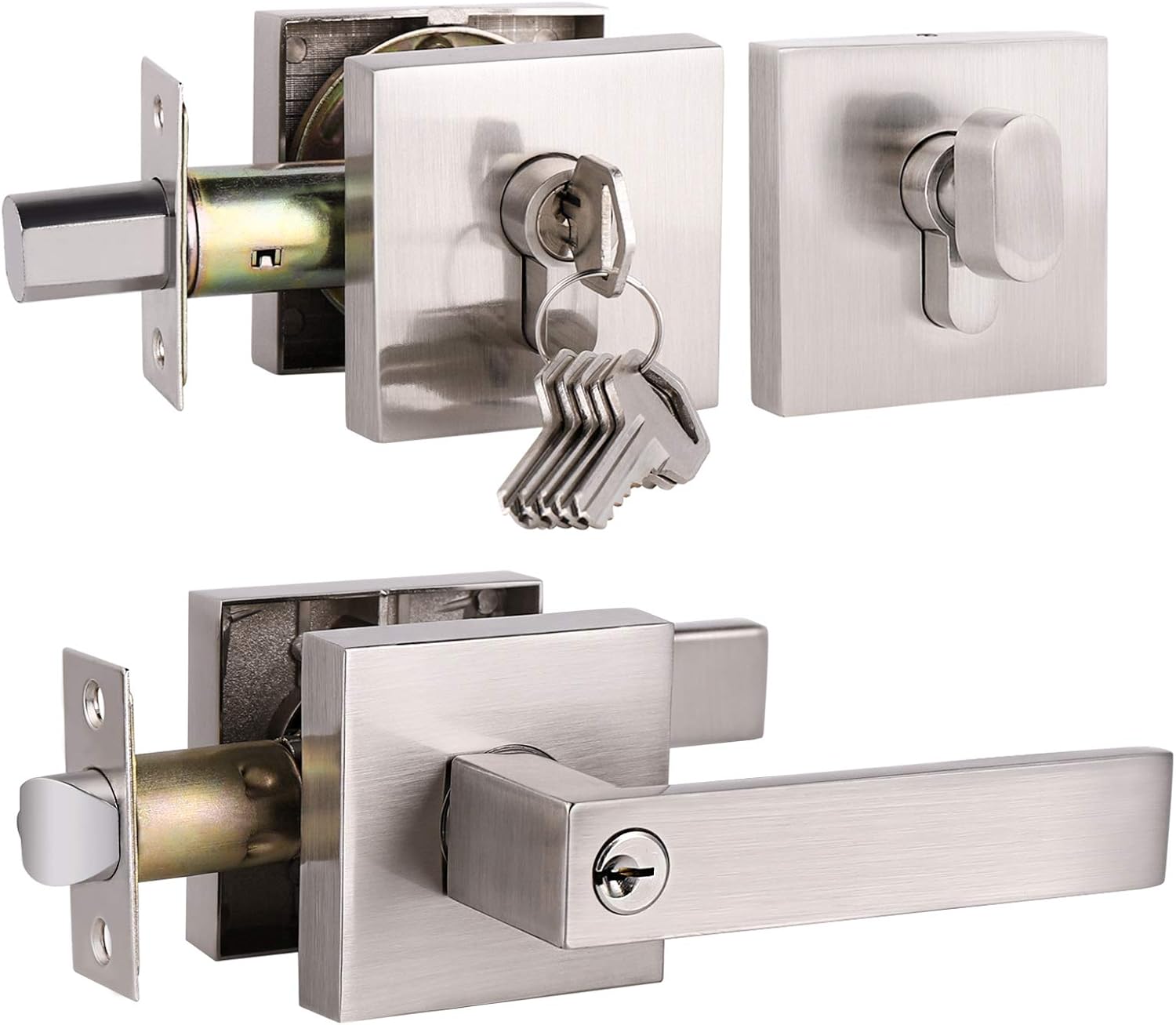 Gobrico Square Rosette Privacy Door Lever,Satin Nickel Finish,Interior Door Lock for Bed/Bath,7Pack