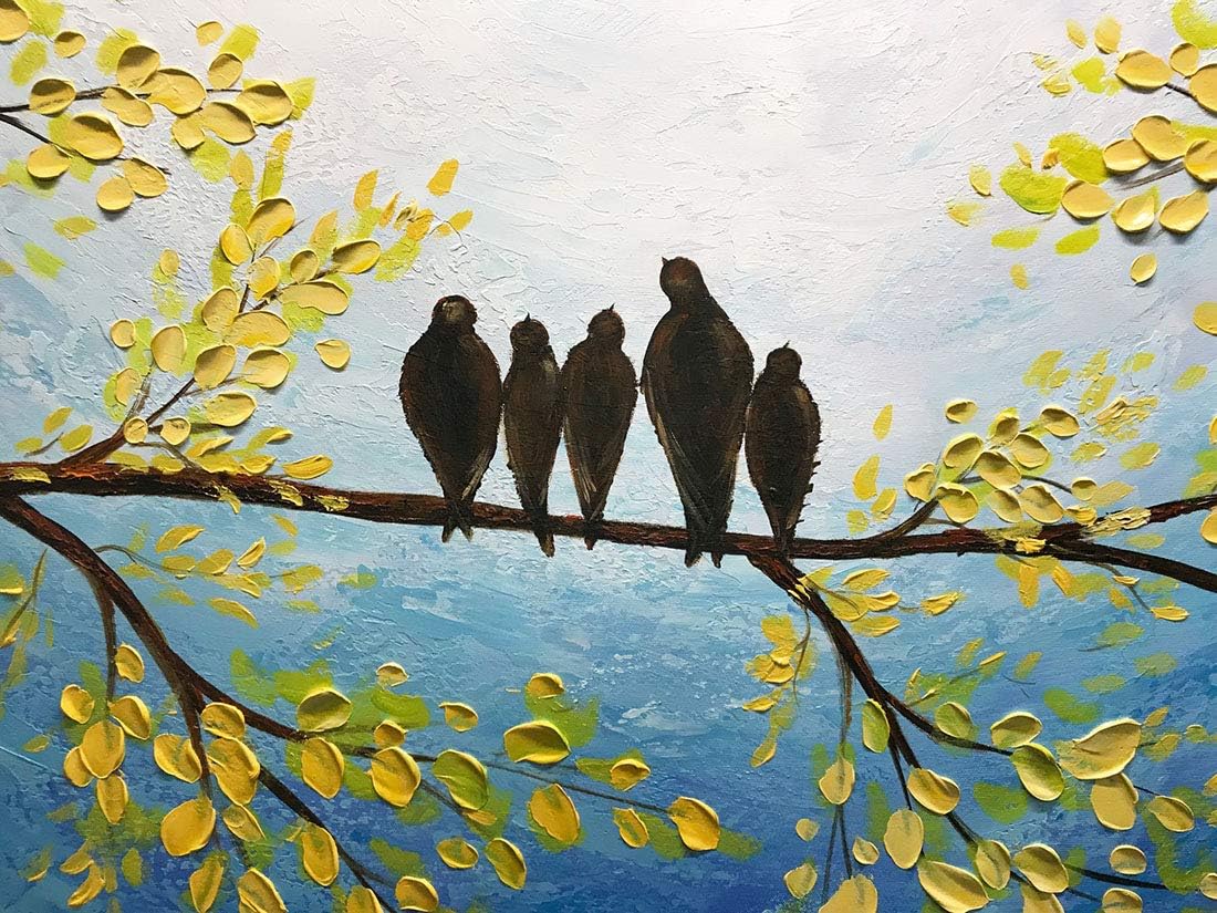 Yotree Paintings, 24x60 Inch Paintings 5 Birds inhabit trees Oil Hand Painting 3D Hand-Painted On Canvas Abstract Artwork Art Wall Decoration Large Size Frame Ready to Hang
