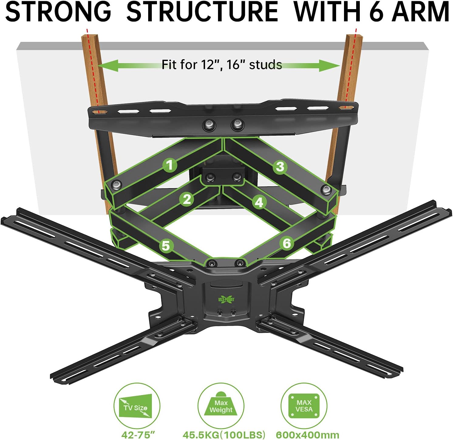 Full Motion TV Wall Mount Swivel and Tilt for Most 42-75 inch Flat Screen TVs/Curved TVs, TV Mount Bracket Dual Articulating Arms, Max VESA 600x400mm, 100lbs. Up to 16