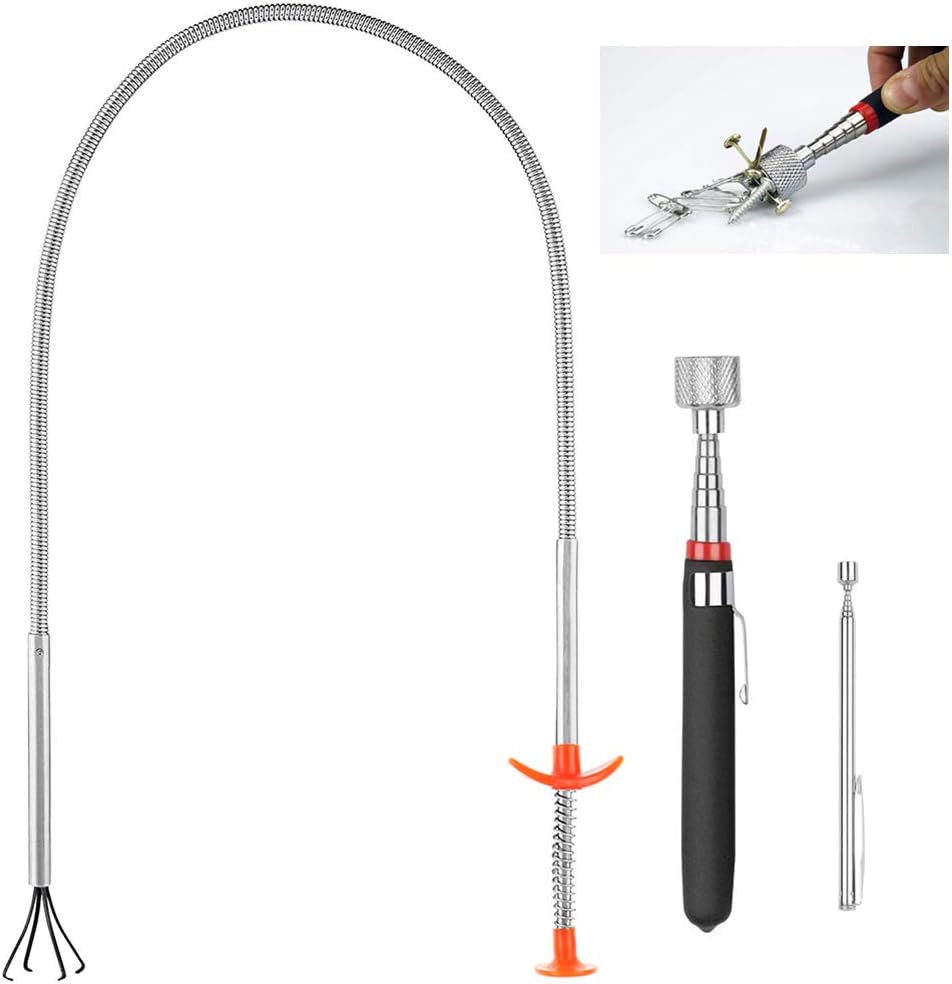 3 Pack Pick-up Tool Set - Extendable Magnetic Pick Up Tools and Flexible Grabber Claw - Retrieving Telescoping Magnet Pickup Tools - Flexible Extra Long Reach Bendable Curve Grabber with 4 Claws