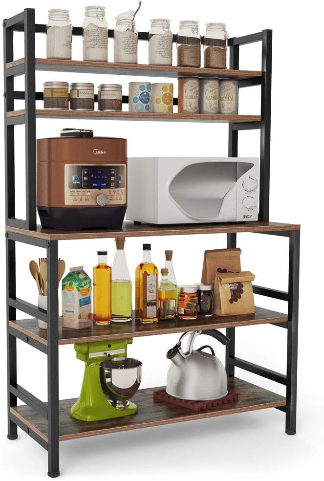 Tribesigns 5-Tier Kitchen Bakers Rack with Hutch, Industrial Microwave Oven Stand, Free Standing Kitchen Utility Cart Storage Shelf Organizer (Rustic Brown)