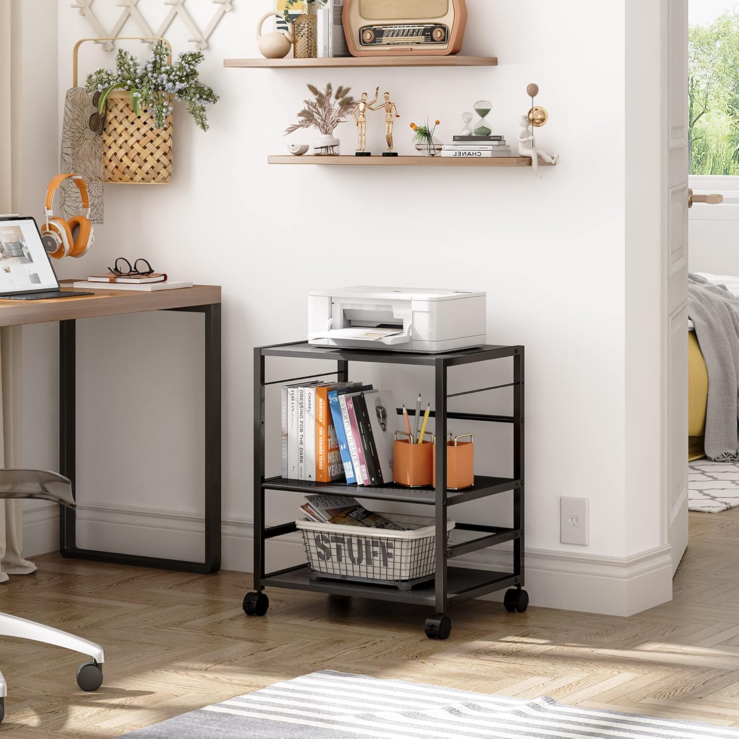 DEVAISE Mobile 3-Shelf Printer Stand with Adjustable Shelves, Modern Printer Cart with Large Storage Space, Printer Stand for Home Office, Black
