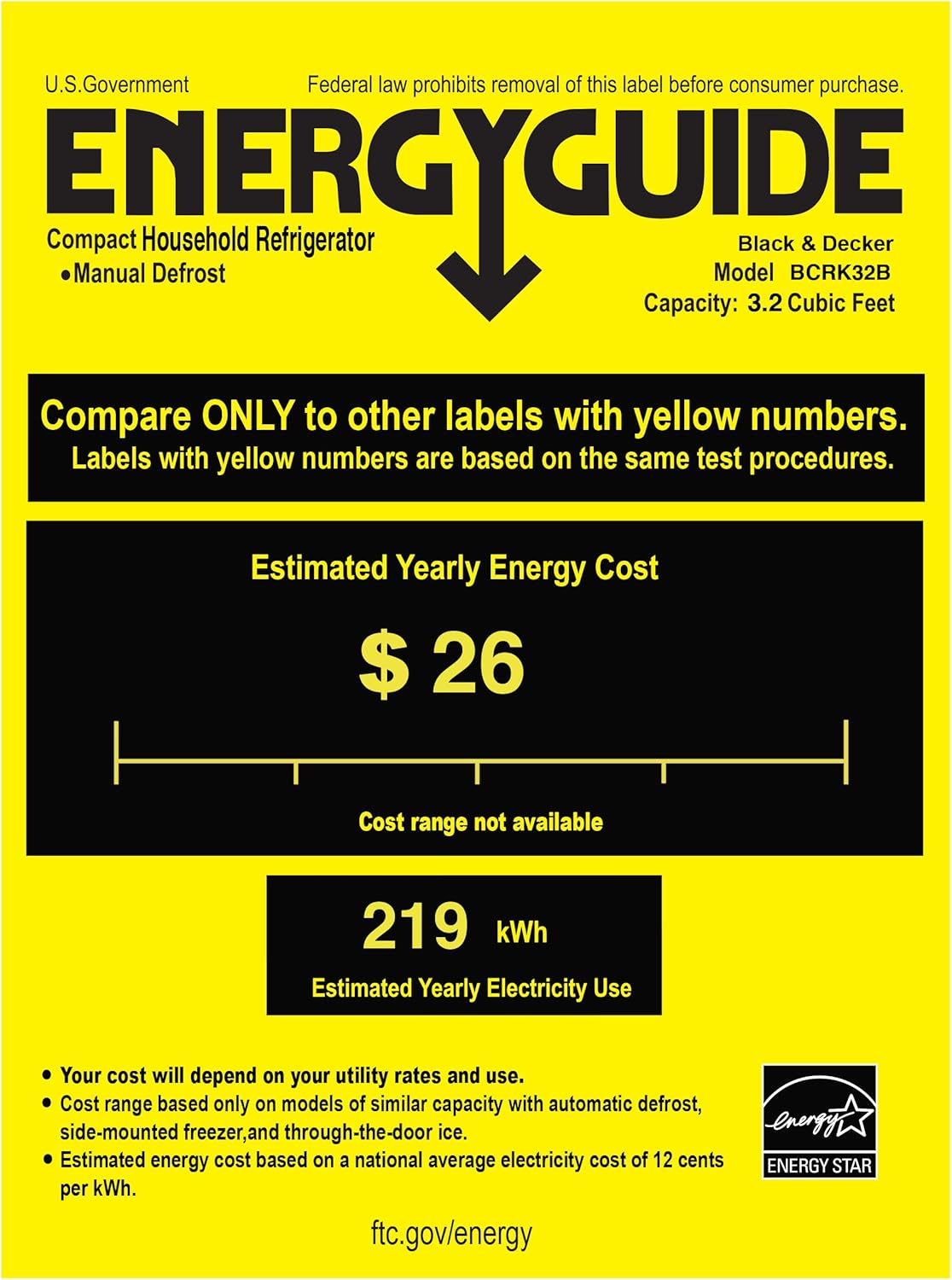 BLACK+DECKER BCRK32V Compact Refrigerator Energy Star Single Door Mini Fridge with Freezer, 3.2 Cubic Ft., VCM