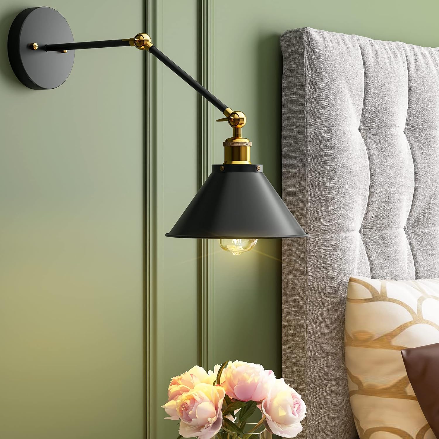 Tribesigns Industrial Wall Sconce Lighting Swing Arm Angle Adjustable Vintage Wall Mount Light Sconces Wall Lamp for Bedroom, Living Room, Study Room or Office, Gold and Black Finish