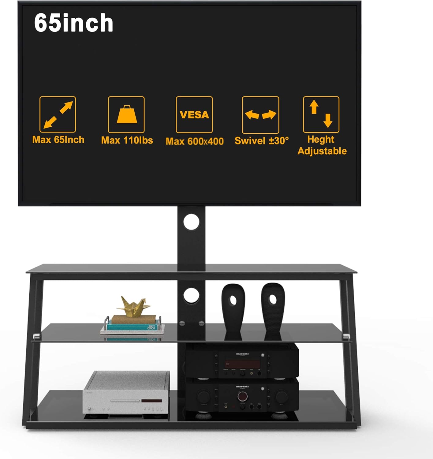 MIYACA Swivel Floor TV Stand with Angle and Height Adjustable Tempered Glass TV Stand,for Most 32