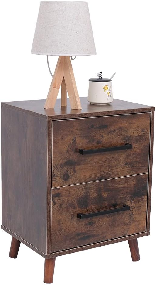 VIPACE Mid-Century Modern Nightstand with 2 Drawers and Solid Wood Legs, End Side Table for Bedrooms Living Room Furniture, Farmhouse Bedside Table with Storage Drawers (Rustic Brown)