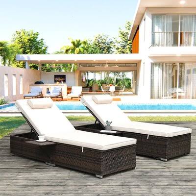 Outdoor PE Wicker Chaise Lounge - 2 Piece Patio Brown Rattan Reclining Chair Furniture Set Beach Pool Adjustable Backrest Reclin