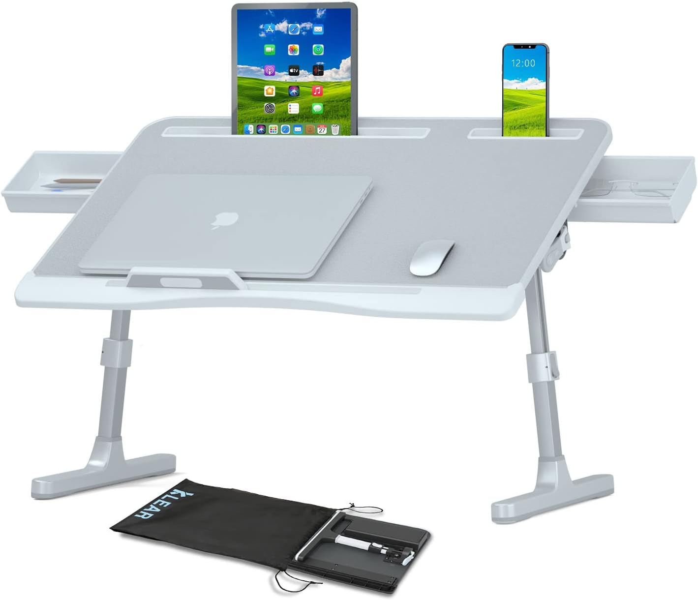 Laptop Desk for Bed, Adjustable Laptop Stand with Double Drawers,Portable Bed Table with Tablet Slot Phone Slot Movable Stopper for Eating, Working, Writing and Drawing Pack of 2
