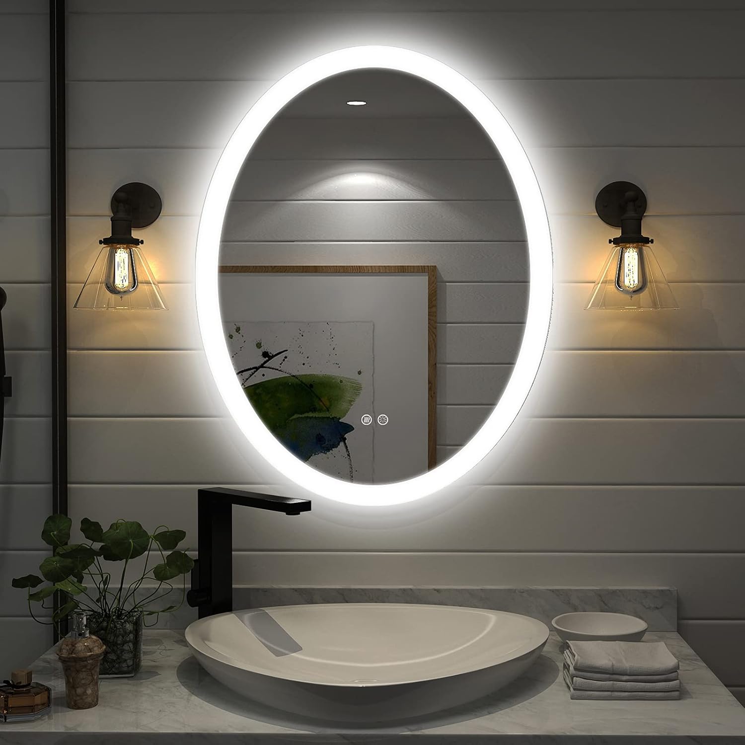 Okpal Oval 28 x 36 LED Bathroom Mirror, Large Backlit Wall Mounted Vanity Mirror with Lights, Anti-Fog Tempered Glass Dimmable Lighted Mirror