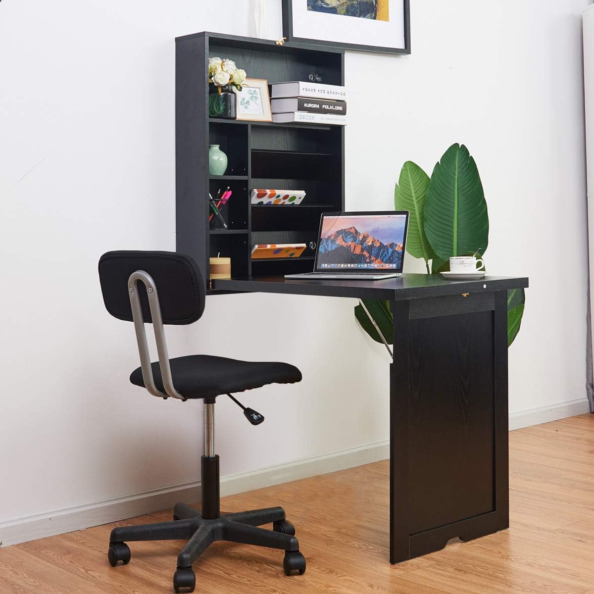 Tangkula Wall Mounted Desk, Floating Desk for Home Office, Space Saving Convertible Desk Fold Up Desk, Wall Mounted Table with Storage Area (Black)