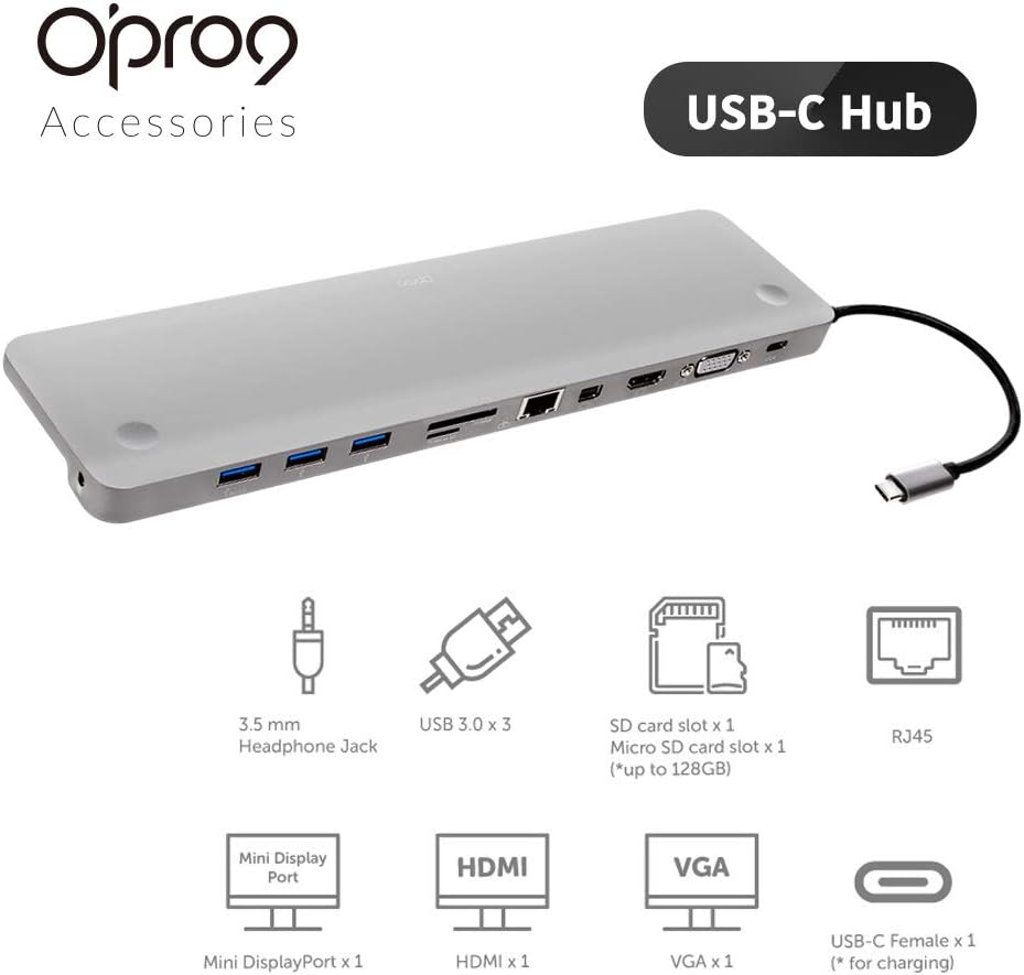 11-in-1USB C Hub Adapter with HDMI, VGA, MiniDP , SD Card Reader, 3 x USB 3.0 Ports, Gigabit Ethernet Adapter Cable and Stereo Headphone Jack for MacBook/MacBook Pro&ndash; Gray