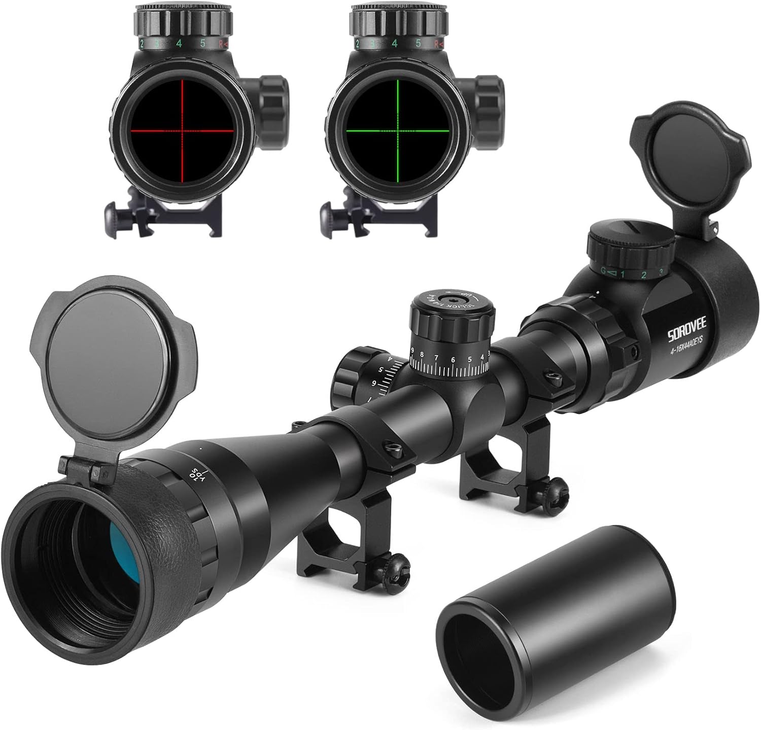 SOROVEE 4-16x44 AO Rifle Scope with Red/Green Reticle Illuminated,Tactical Airsoft Sniper Scopes for Hunting W/Locking Turret,Sunshade and 20mm Free Rail Mount Pack of 2