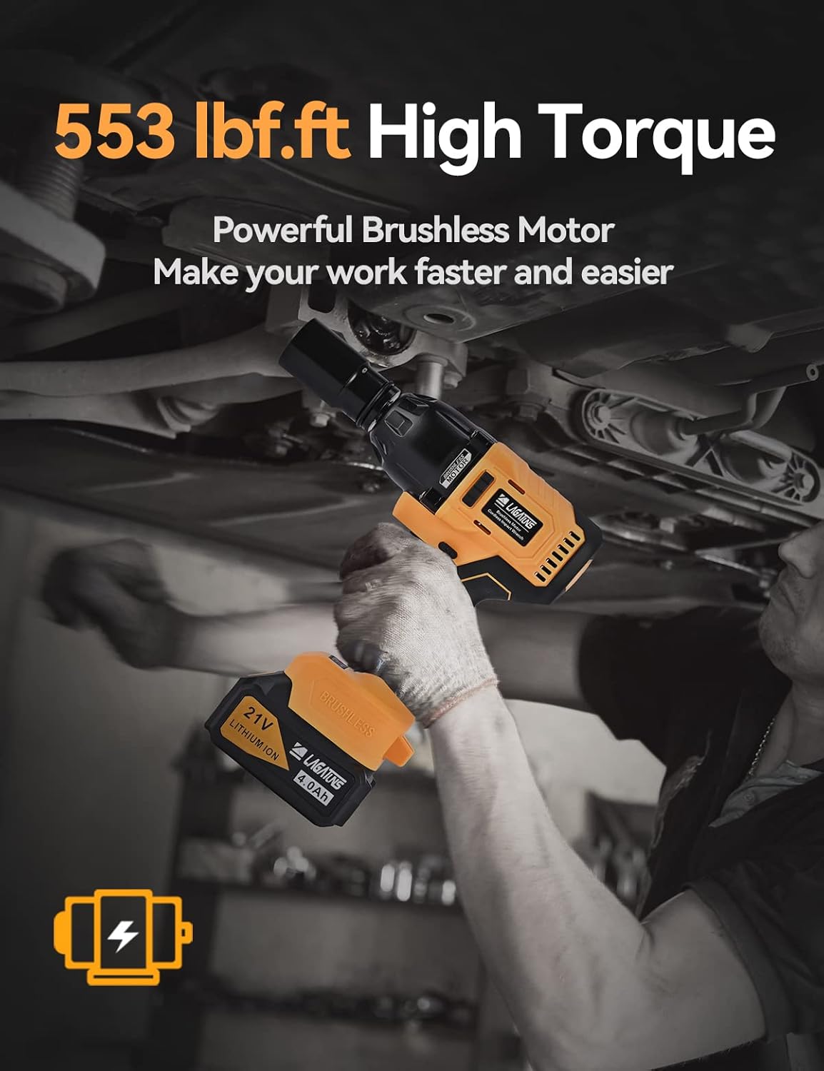 Cordless Impact Wrench,553 Ft-lb High Torque 2200 RPM,Brushless Motor，with a 4.0Ah Li-Ion Battery, Suitable for family cars