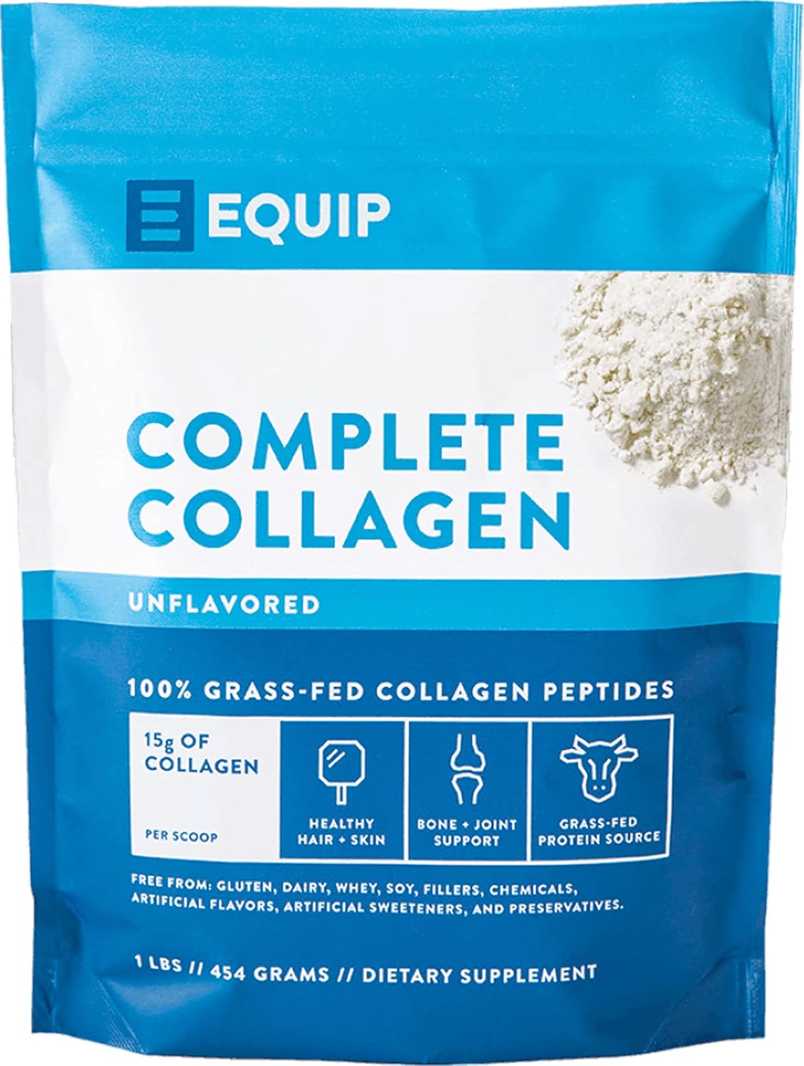 Equip Foods Complete Collagen - 100% Grass Fed Hydrolyzed Collagen Peptides Powder with Amino Acids for Pre Workout and Post Workout Recovery - 1 Pound, Unflavored - Supports Bones and Joints Pack of 2