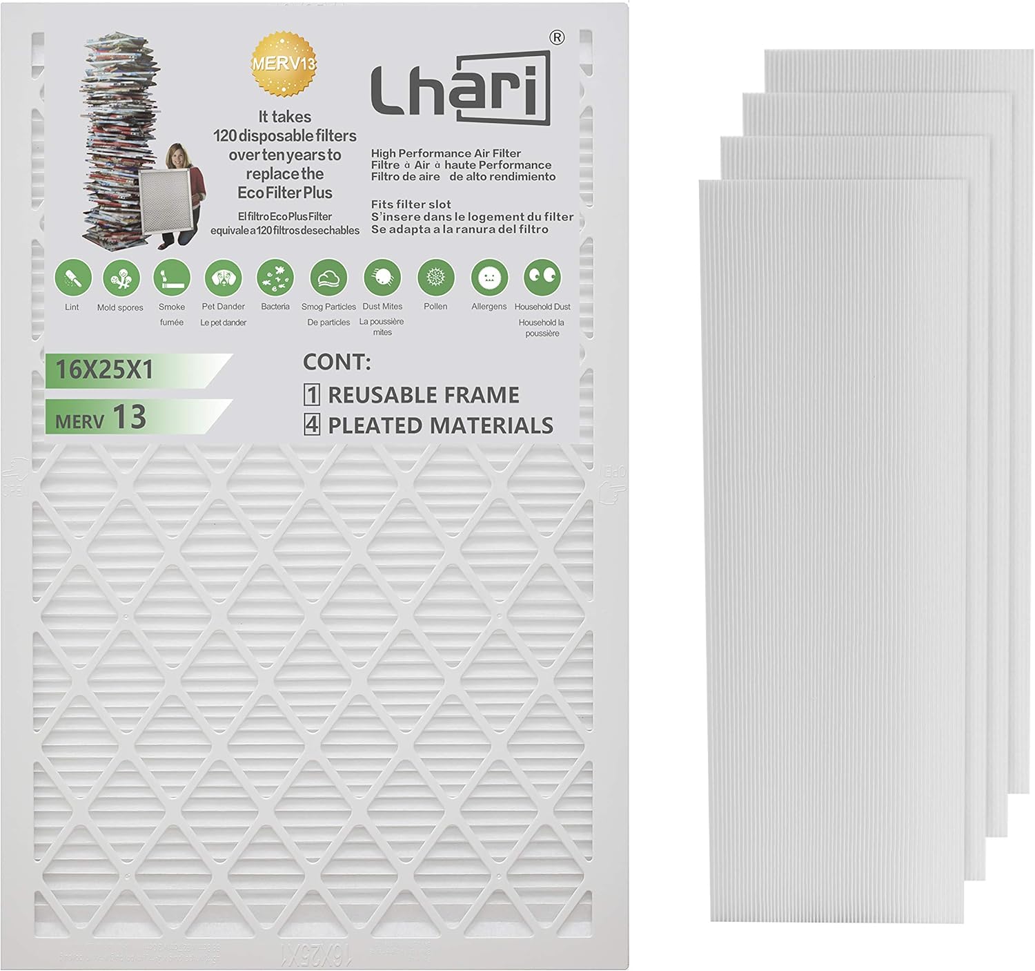 Lhari 16x25x1 Furnace Filter MERV 13 Pleated AC Furnace Air Filter MPR1500, Allergen Defense + Odor Reduction, 1 Reusable Frame + 4 Replacement Filter Pack of 2