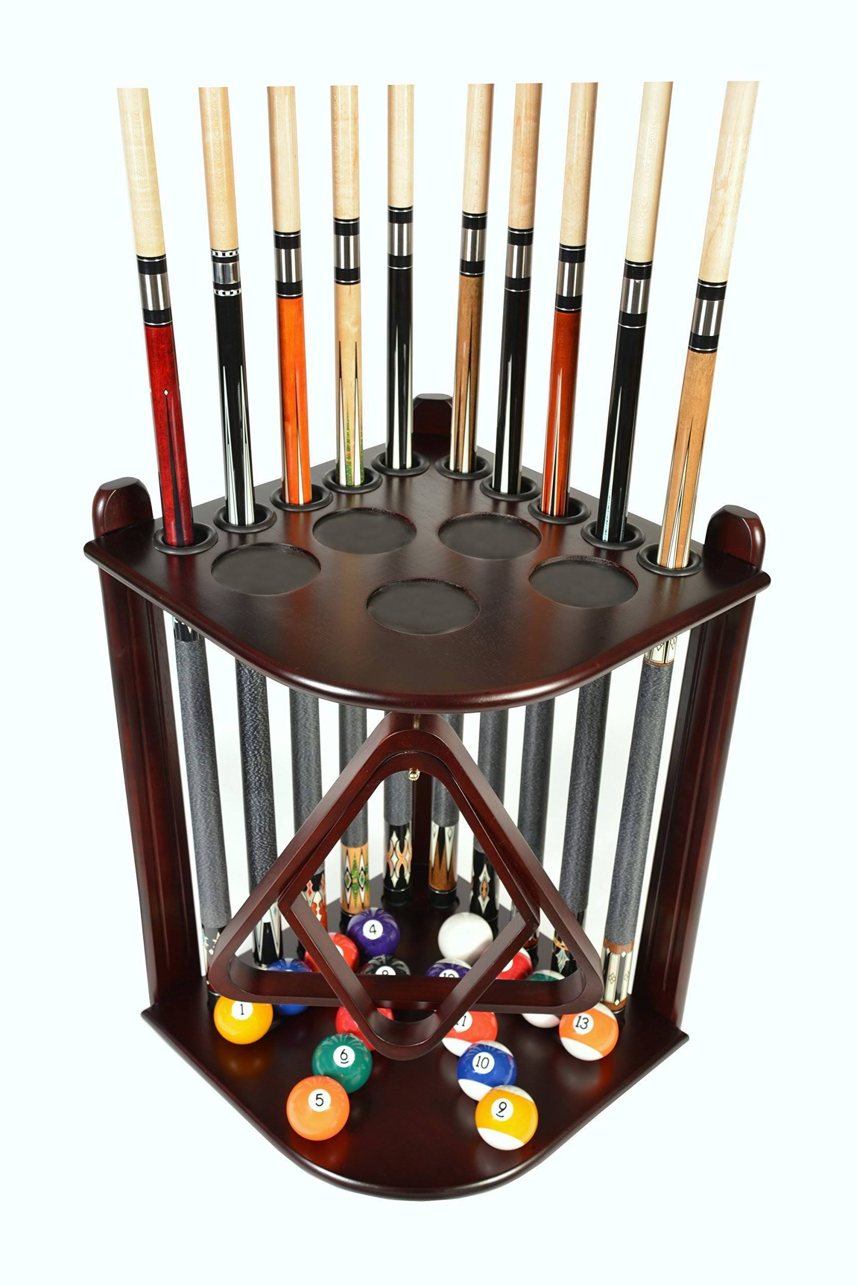 Pool Cue Rack Only - 10 Billiard Stick and Ball Floor Rack - Holder Mahogany Finish