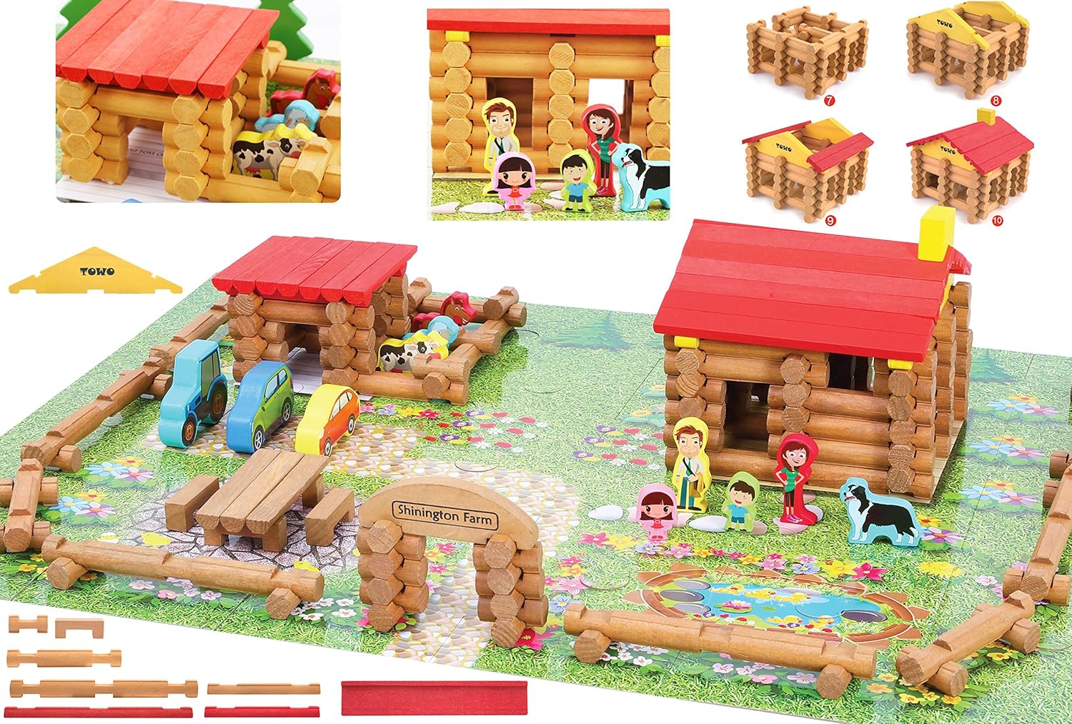 Wooden Logs Toys Farm Playset- Wooden Logs Building Set Farm House Wooden Construction Toys 207 Pieces Animal Farm - Wooden Building Toys for 3 4 5 6 Year olds Pack of 2