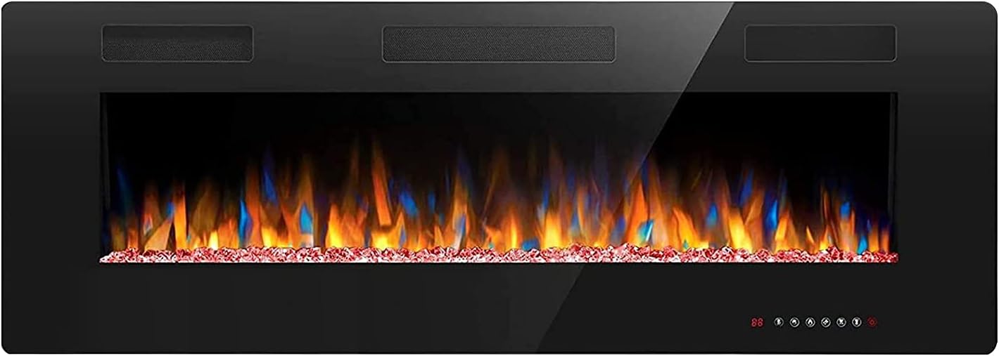 Crzoe 50 Inch Electric Fireplace, Recessed and Wall Mounted Fireplace Heater, Remote Control & Touch Panel, Timer, Adjustable Flame Color and Speed, 750w/1500w.