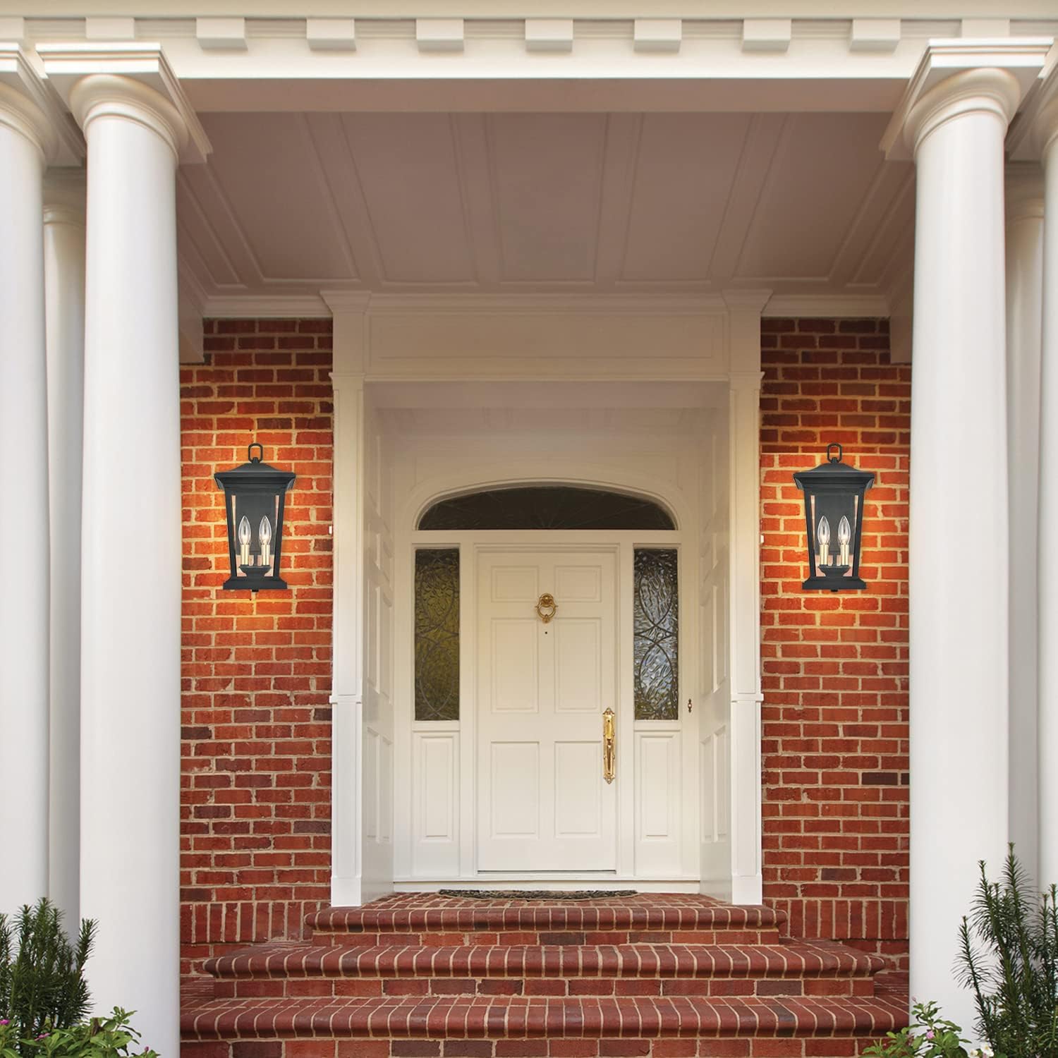 Smeike Outdoor Wall Sconce, Exterior Wall Mount Lighting Fixture with 2 Lights, Patio/Porch Lantern Light Fixtures in Matte Black and Gold Finish with Clear Glass, 40W