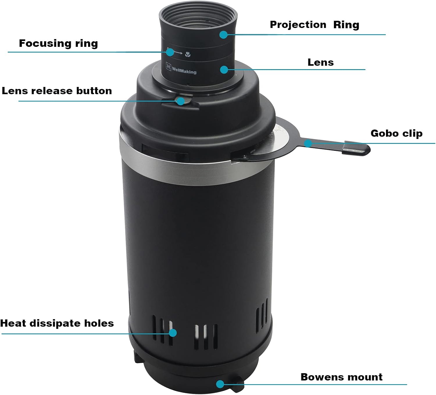 WELLMAKING S-260L Photography Lighting Accessory Kit Bowens Mount Optical Snoot and Prime 60mm F2.8 Specialized Lens with 4 Color Filters and 6 Gobos for Monolight/LED/Strobe Light