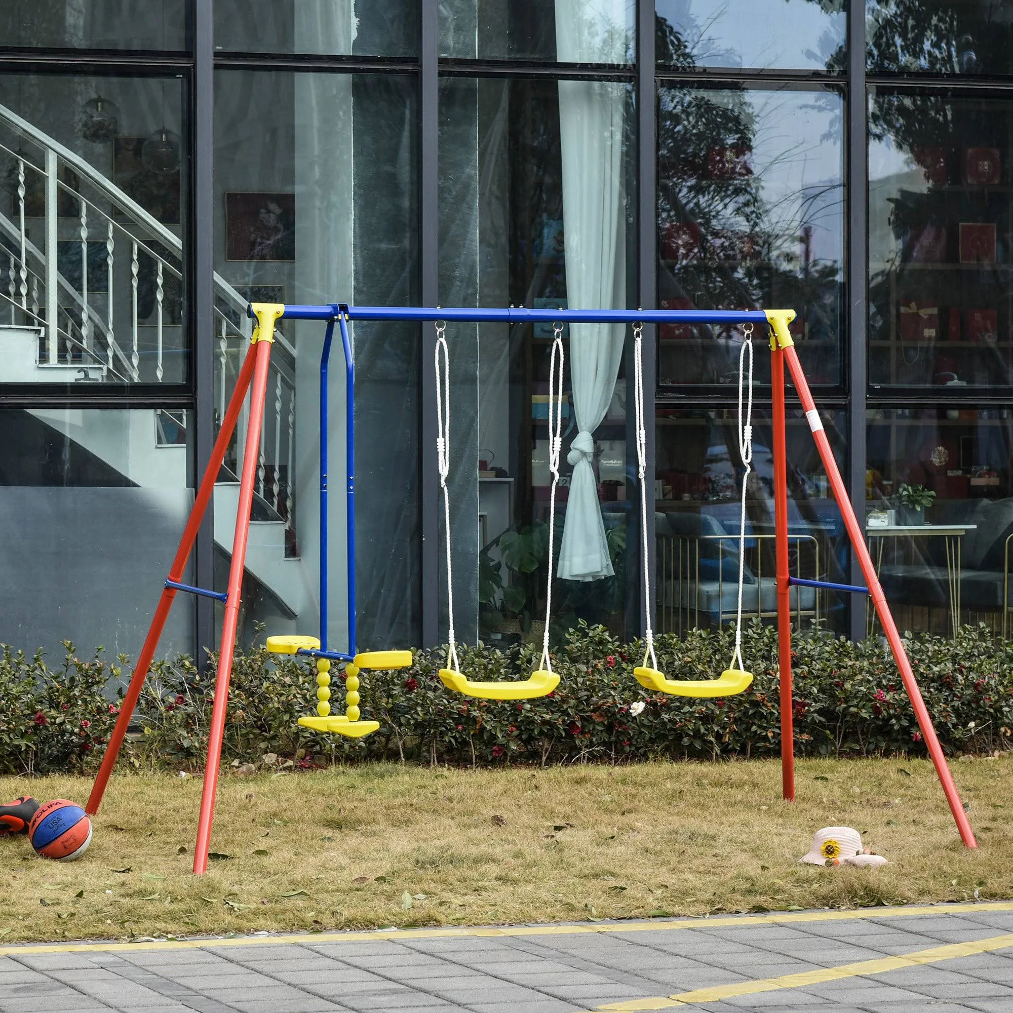 Outsunny Children&s Swing Set with 2 SEATS Glider Adjustable Height for Backyard