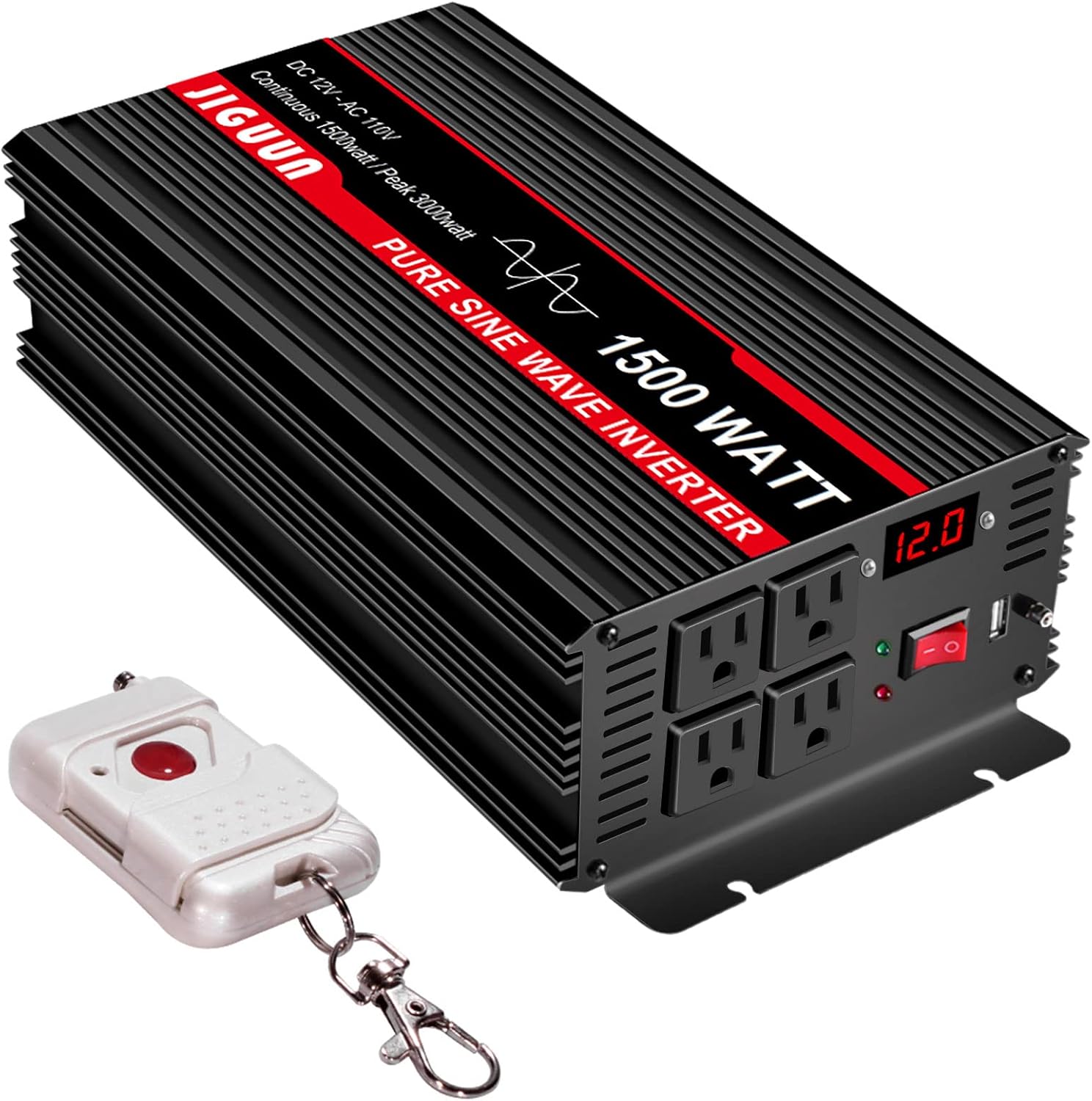 JIGUUN 1500 Watt Pure Sine Wave Inverter DC 12V to AC 120V Converter, Car Inverter with LED 4 AC Outlets&USB Output , Power Inverter 170ft Wireless Remote Control for Outdoor Camping RV.(1500W-12V)