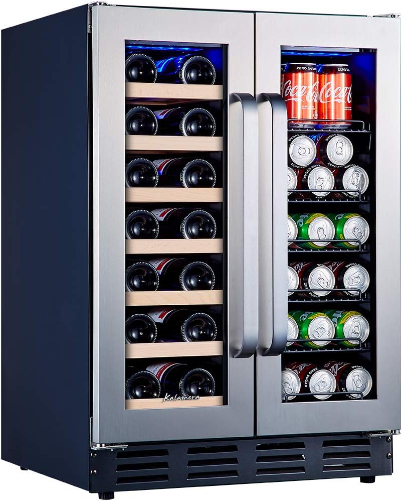 Kalamera Wine and Beverage Refrigerator, Kalamera 24 inch Under Counter Dual Zone Wine Cooler for Home - Built in Wine Fridge w/ 20 Bottles and 78 Cans Capacity