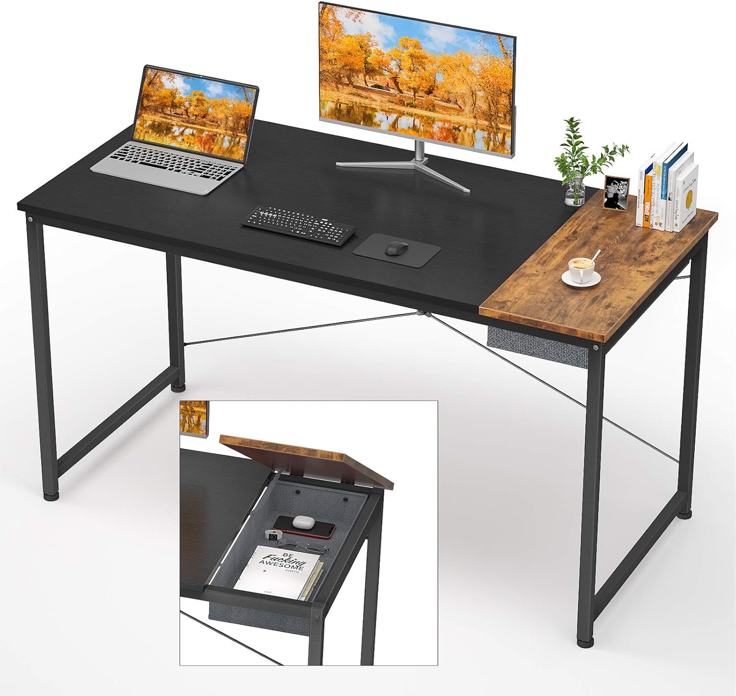 Desk Computer Desk 55 Inch Home Office Study Writing Desk Modern Simple Sturdy PC Laptop Desk Table Gaming Desks Wooden Desk Space Saving Easy to Assemble Desk, Rustic Brown and Black