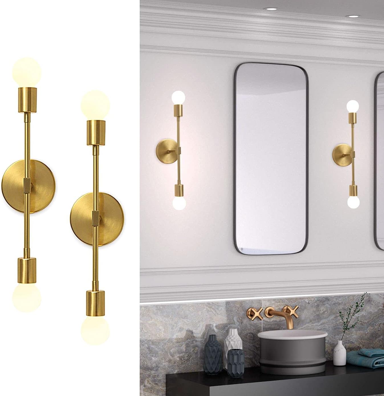 KCO Lighting Modern Wall Sconce Mid Century Wall Lamp Industrial Mounted Sconce 2-Light Minimalist Raw Brass Fixture for Bedroom Vanity Light (1 Pack) (Gold)
