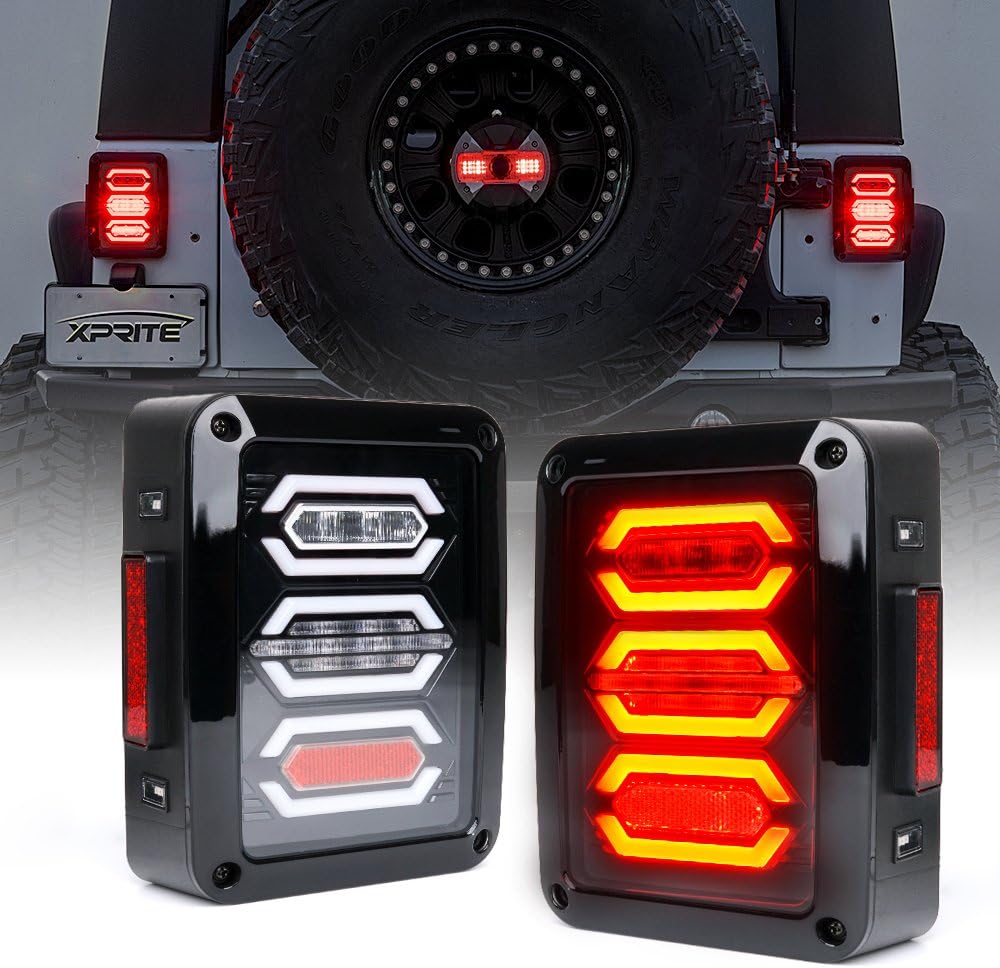 Xprite Clear Lens Red LED Tail Lights Assembly w/ Turn Signal & Back Up & Brake Light, Plug & Play Compatible with 2007 - 2018 Jeep Wrangler JK JKU - G3 Diamond Series