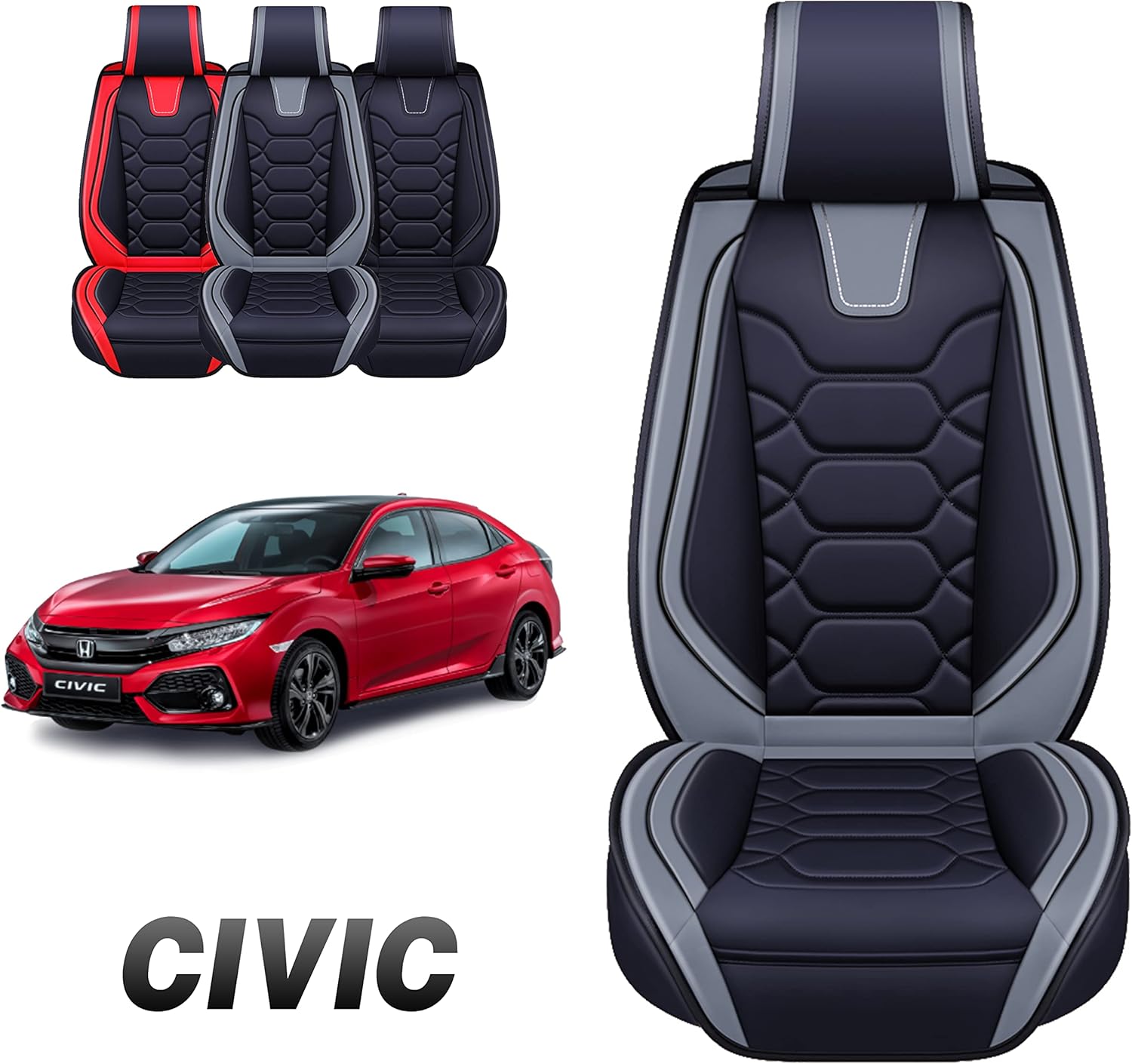 Oasis Auto Custom Leather Seat Covers Compatible with Honda Civic 2011-2023 Sedan and Hatchback (Front Pair, Black&Red)