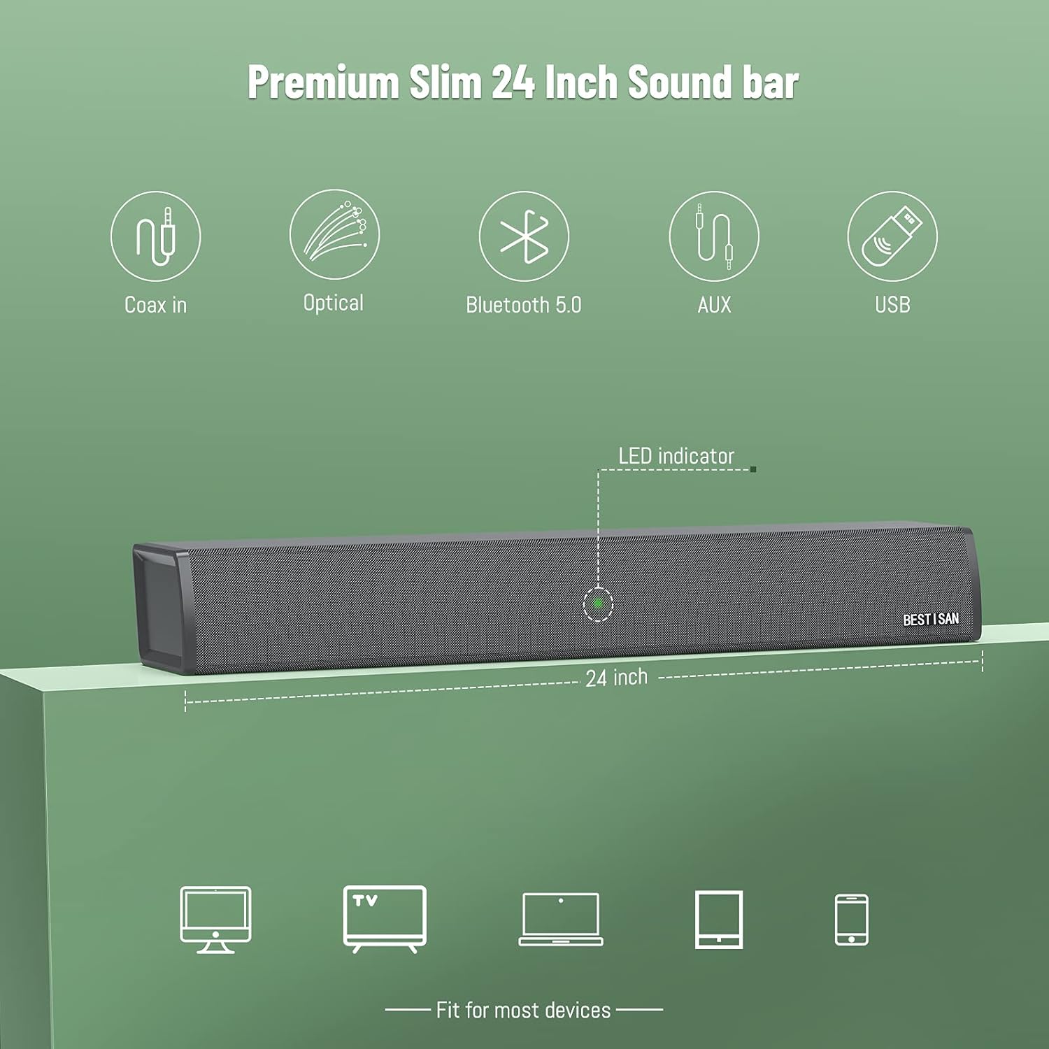 Sound Bars for TV, Bestisan 80 Watt Sound bar Wired and Wireless Bluetooth 5.0 Speaker 2.0 Channel Sound bar for TV (3 Equalizer Modes,Bluetooth/Optical/Aux/Coaxical in Connection, Wall Mountable) Pack of 2