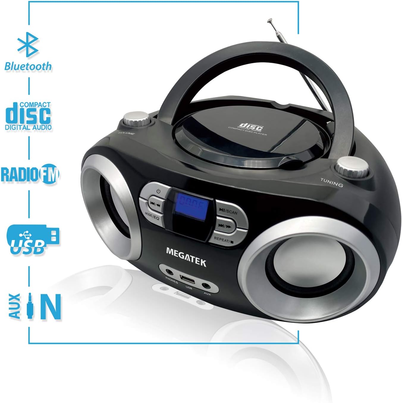 Megatek CB-M25BT Portable CD Player Boombox with FM Stereo Radio, Bluetooth Wireless & Enhanced Sound, CD-R/CD-RW/MP3/WMA Playback, USB Port, AUX Input, Headphone Jack, LCD Display, AC/Battery Powered Pack of 2