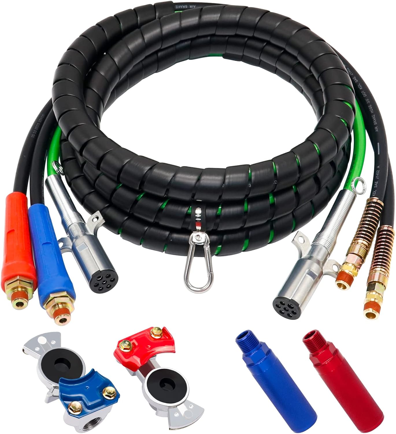KOOTANS 15Ft 3 in 1 ABS 7 Way Electrical Cable and Rubber Air Line Hose Wrap Assembly with Aluminum Service Emergency Glad Hands and Extension Handles for Semi Truck Trailer Tractor