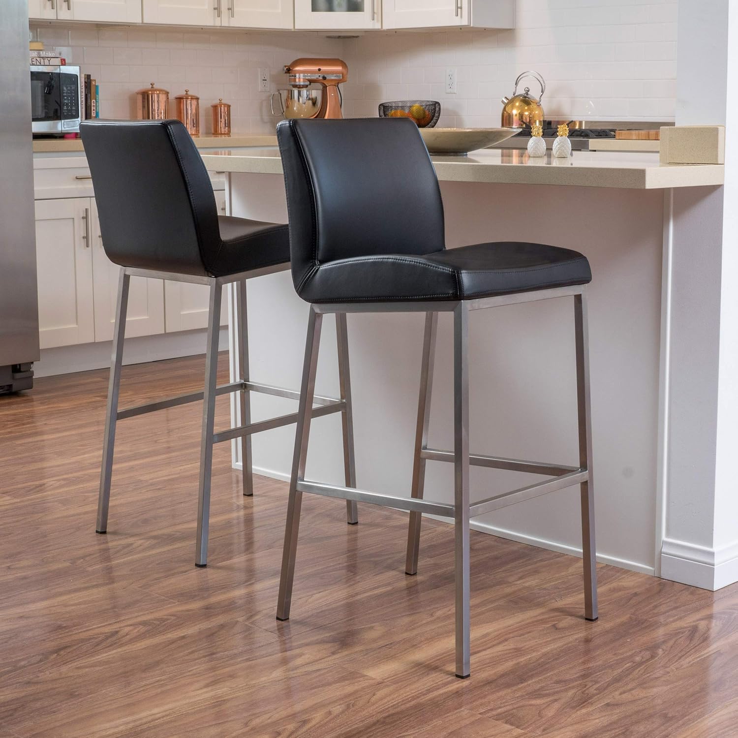 Christopher Knight Home Vasos Leather Barstools, 2-Pcs Set, Black