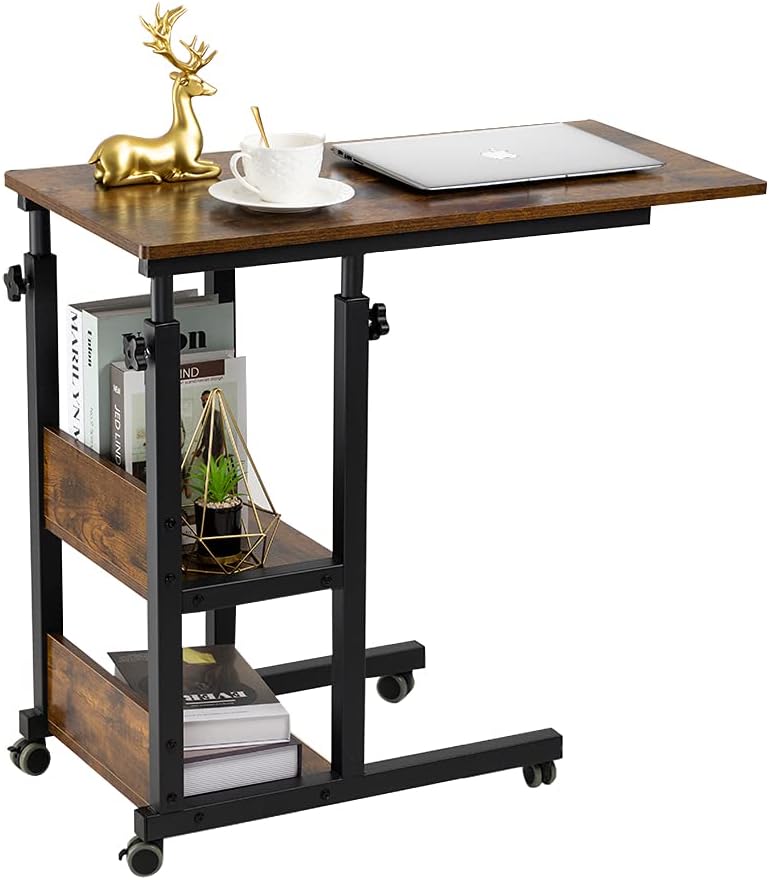 Hadulcet C Shaped Side Table Adjustable, Height Adjustable C Table with Wheels and Storage Shelves for Couch Bed Recliner Black