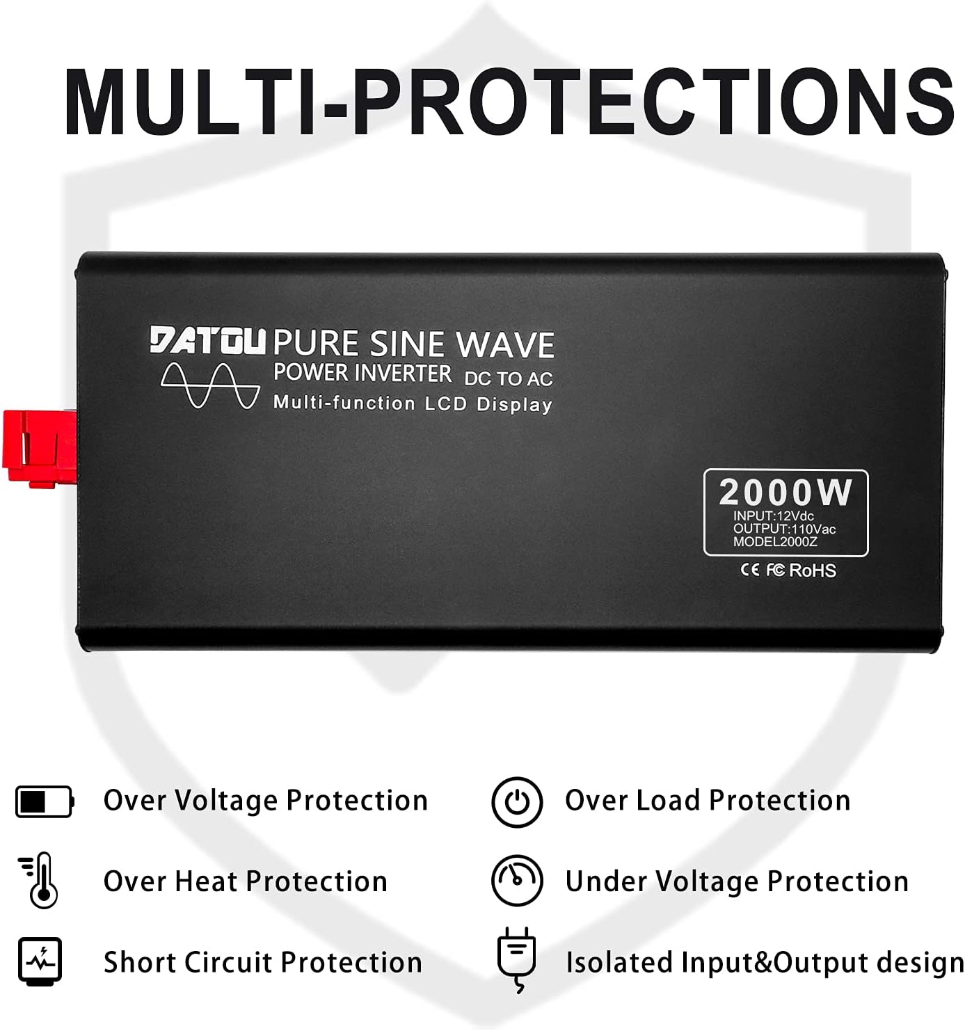 DATOUBOSS Pure Sine Wave Inverter 2000W Power Inverter 4000W Peak DC 12V to 110V AC Car Converter Dual AC Outlets Truck/RV Inverter with Remote Control & LCD Display(2000W 12 -110V)