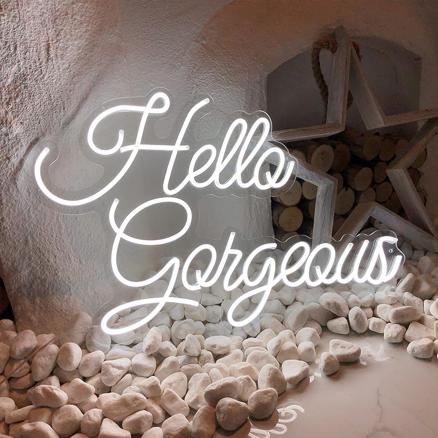 Hello Gorgeous Neon Signs-Transparent Acrylic with Dimmer LED Lights Signs Bachelorette Backdrop Flex Indoor Wall Bedroom Decor Neon Sign 26×17 IN Bar Club Christmas Party Wedding Living Room White