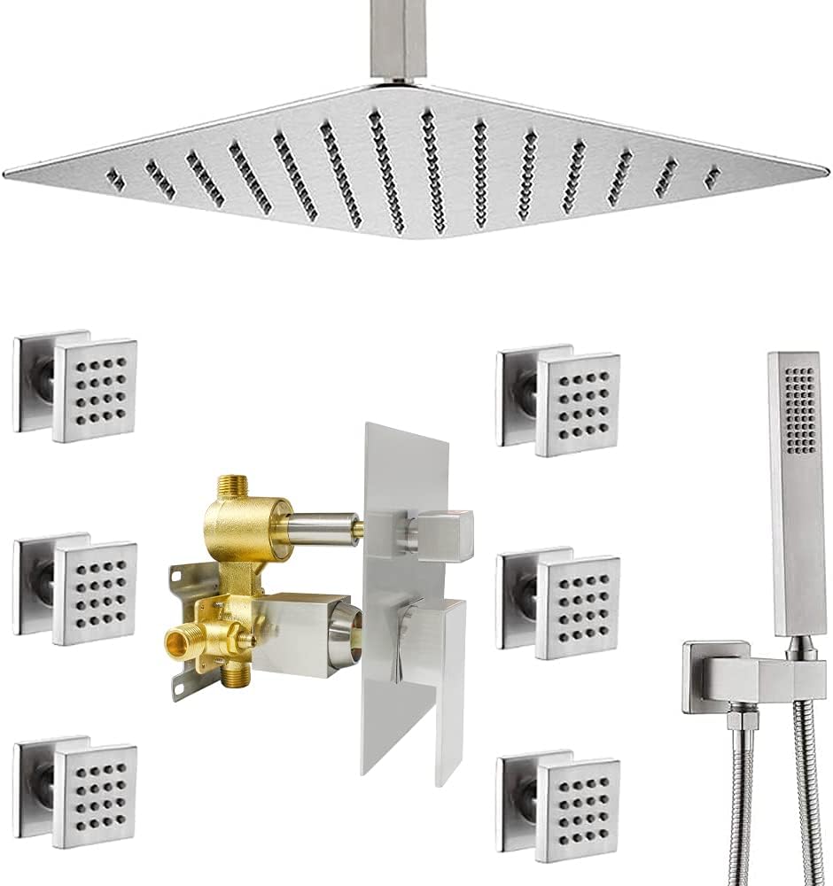 NPYSVSSS Matte Black Shower System, Overhead Rain Shower System with Shower Body Jets, 16-Inch Square Rainfall Shower Head, Handheld, Pressure Balance Shower Valve, Bathroom Luxury Shower System.